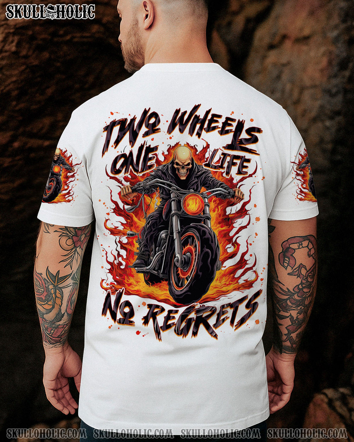 BLISSCORNERS TWO WHEELS ONE LIFE NO REGRETS BIKER SKULL ALL OVER PRINT