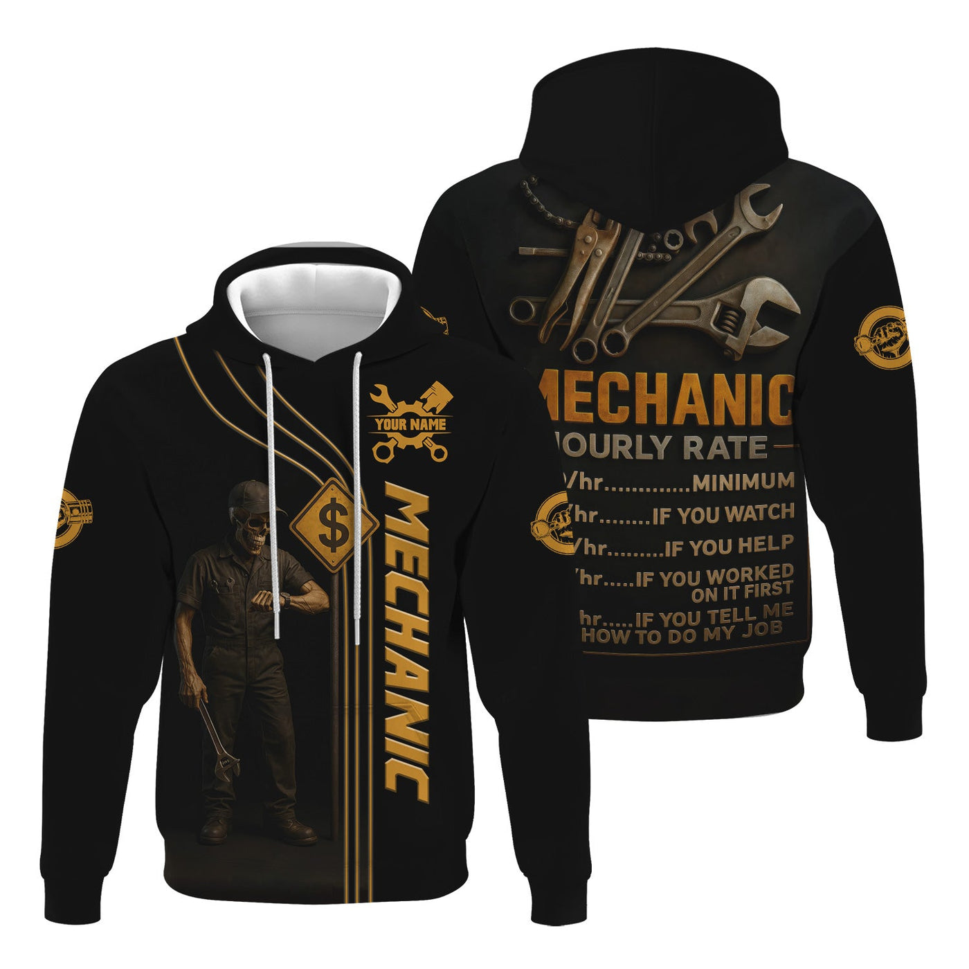 Blisscorners Personalized T-Shirt Mechanic Hourly Rate Skull Looking Watch Design Shirt for Mechanics