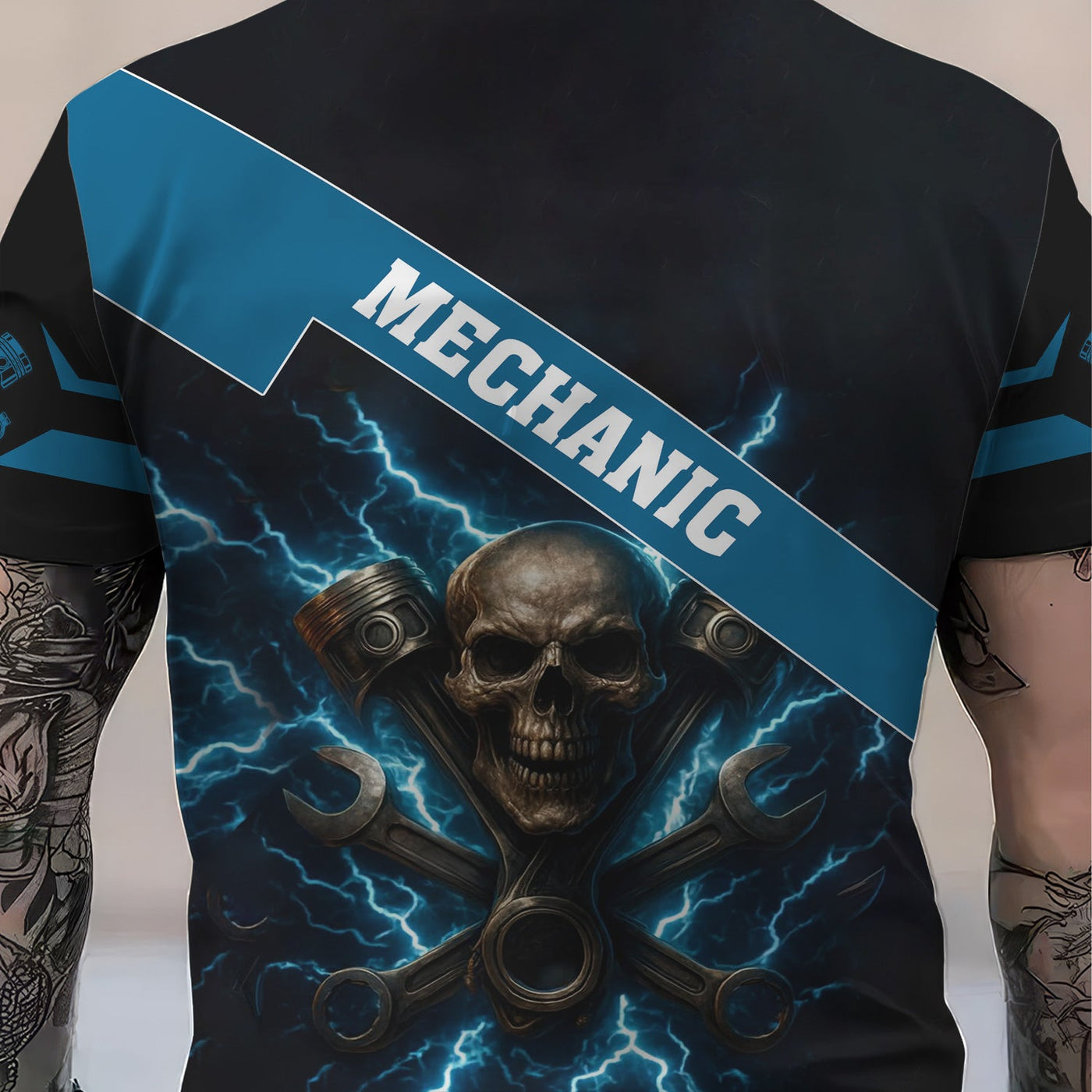 Blisscorners Personalized Mechanic Shirt, Skull Engine Piston Wrench Lighting Design, Mechanic Uniforms, Gift For Men