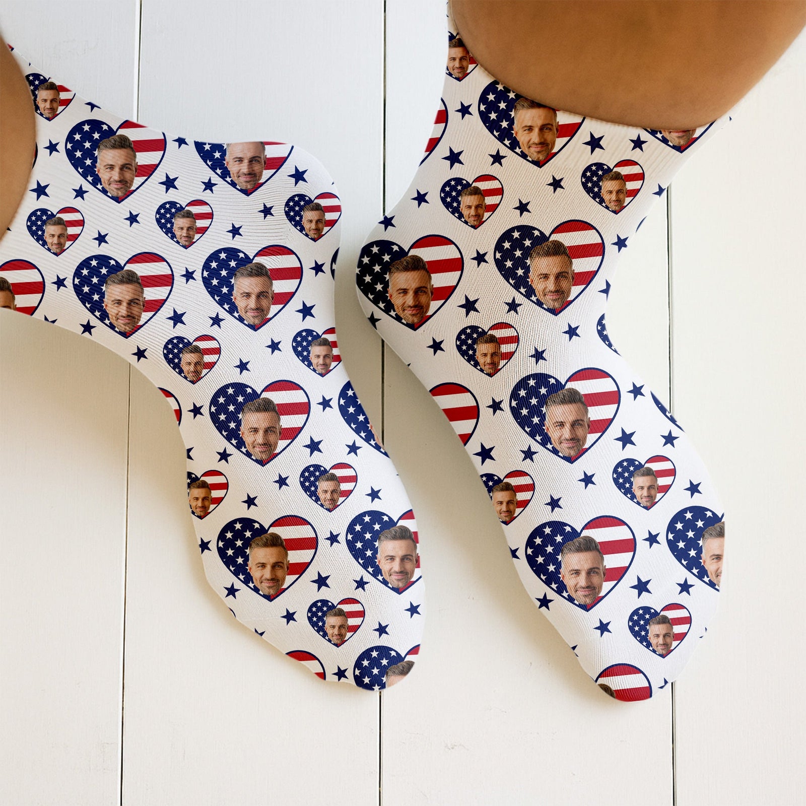 Blisscorners Custom America Flag Socks, Custom Face Socks, Fun Socks For Men, 4th Of July GiftLM2611