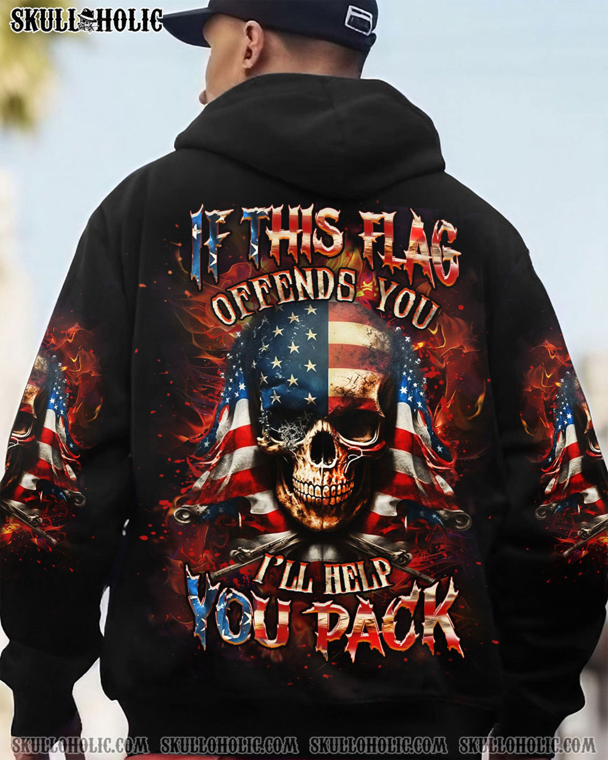 BLISSCORNERS IF THIS FLAG OFFENDS YOU I'LL HELP YOU PACK SKULL ALL OVER PRINT