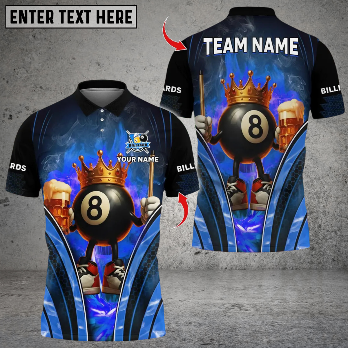 Blisscorners Billiard Flaming Crown 8 Ball With Beer Multicolor Customized Name, Team Name 3D Shirts