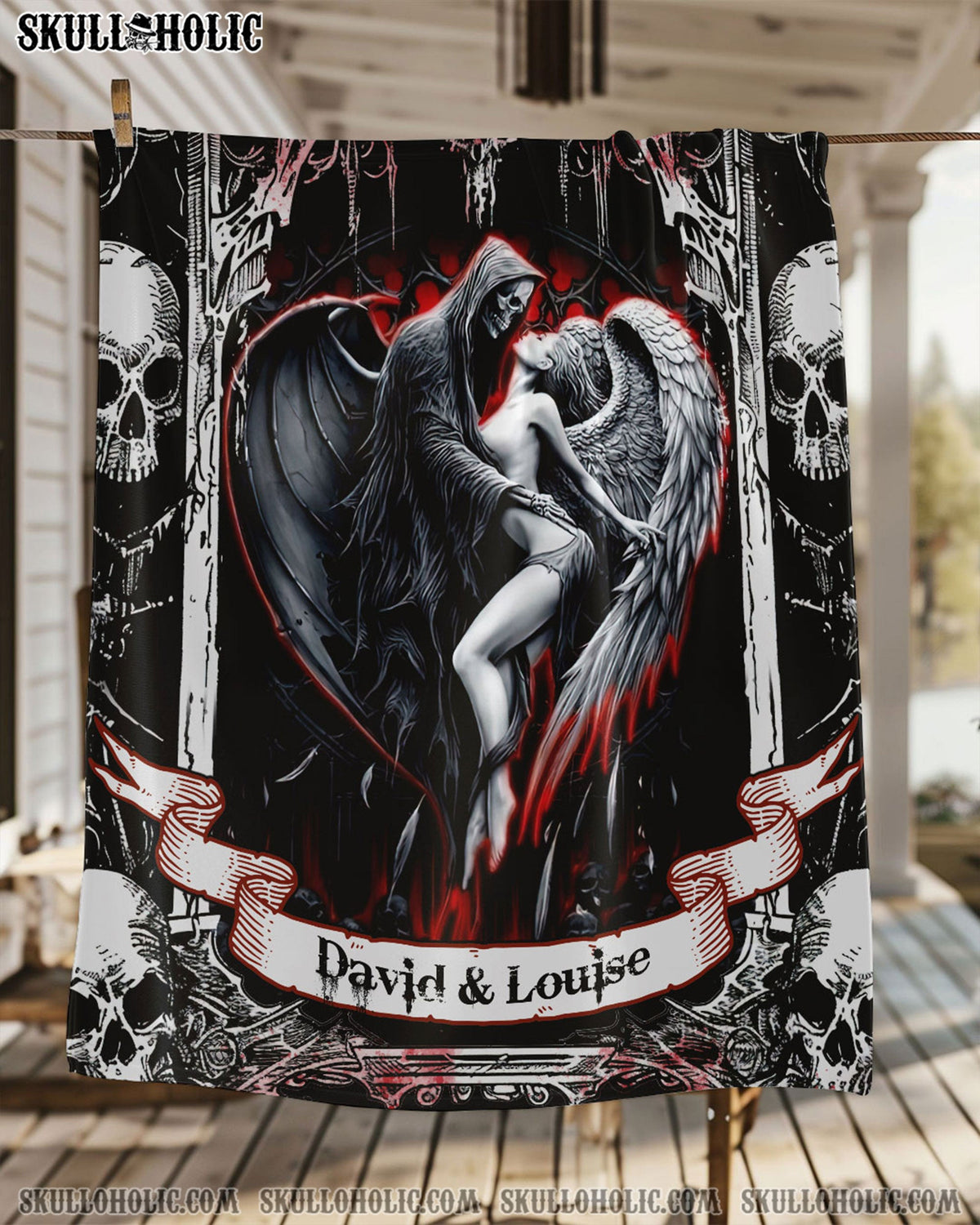 BLISSCORNERS PERSONALIZED DEVIL AND ANGEL SKULL COUPLE FLEECE BLANKET