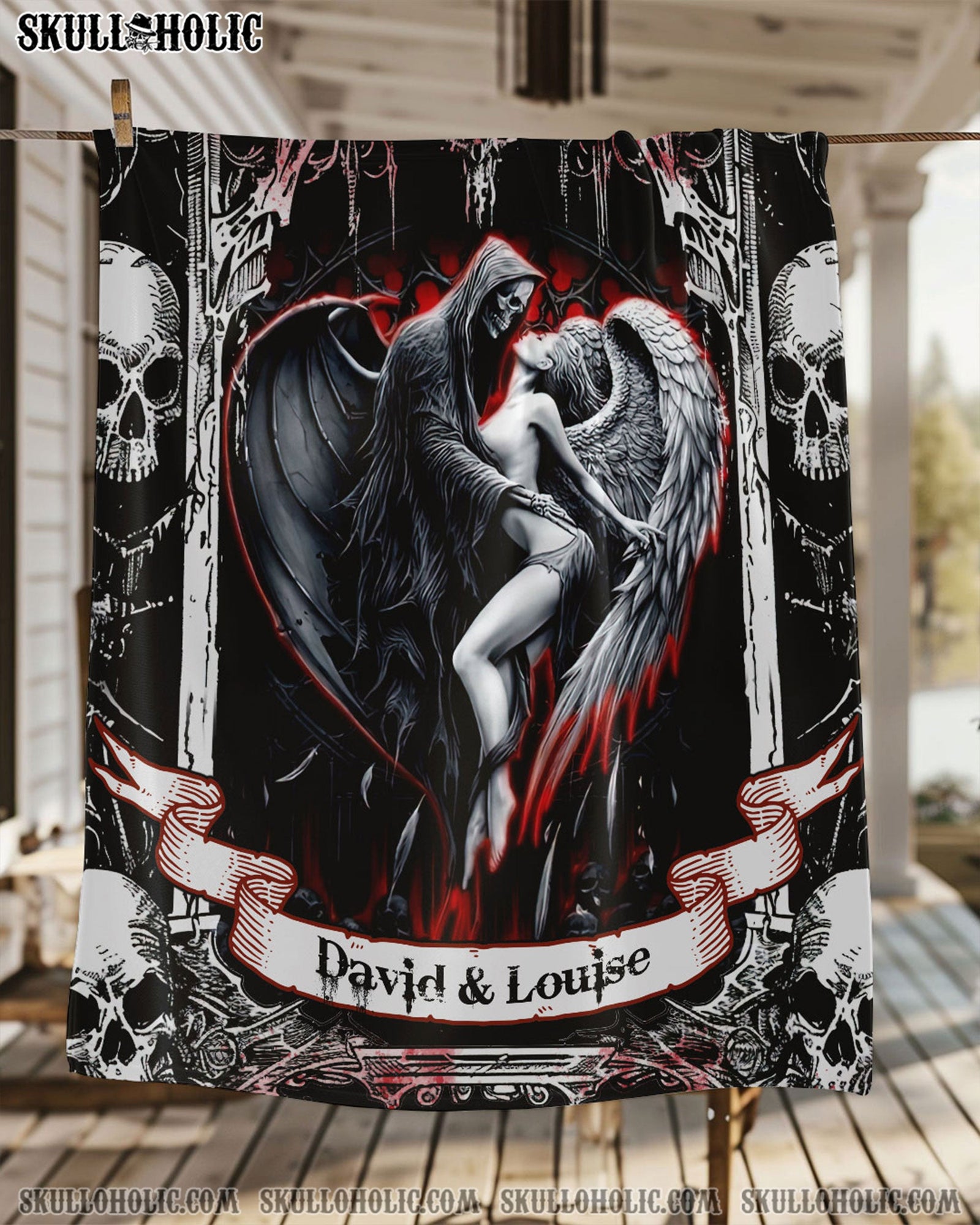 BLISSCORNERS PERSONALIZED DEVIL AND ANGEL SKULL COUPLE FLEECE BLANKET
