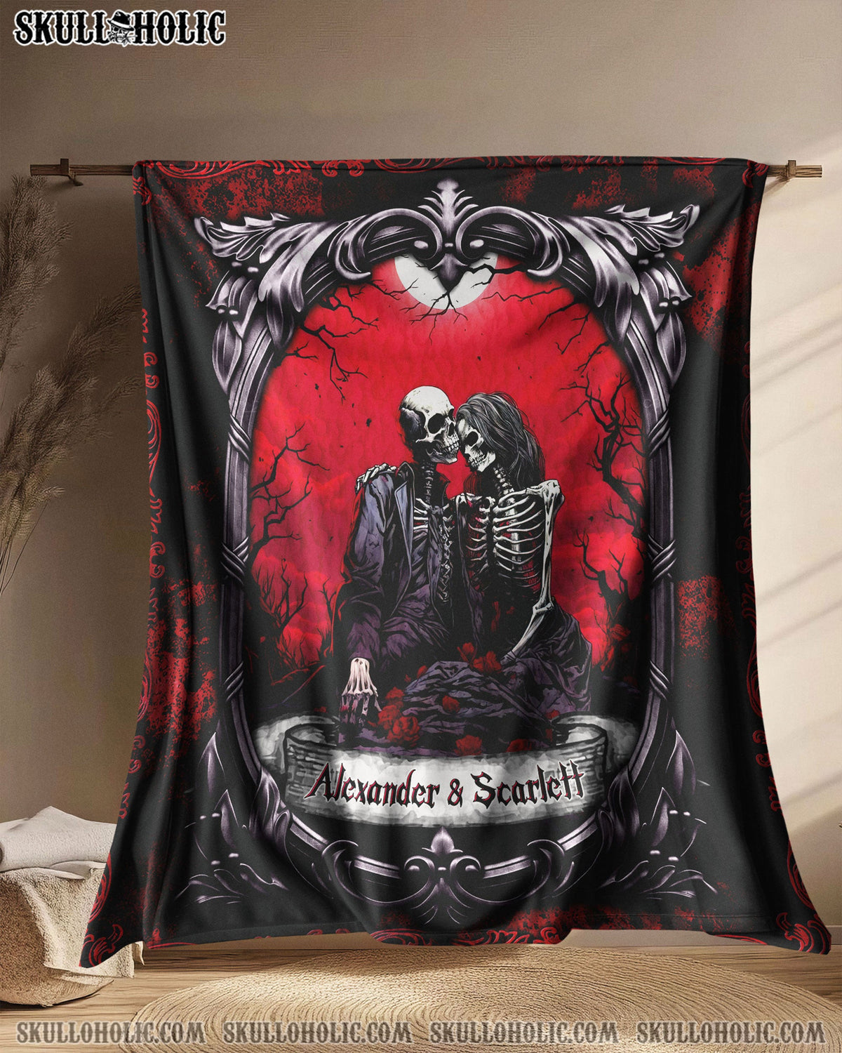 BLISSCORNERS PERSONALIZED SKULL COUPLE UNDER MOON FLEECE BLANKET