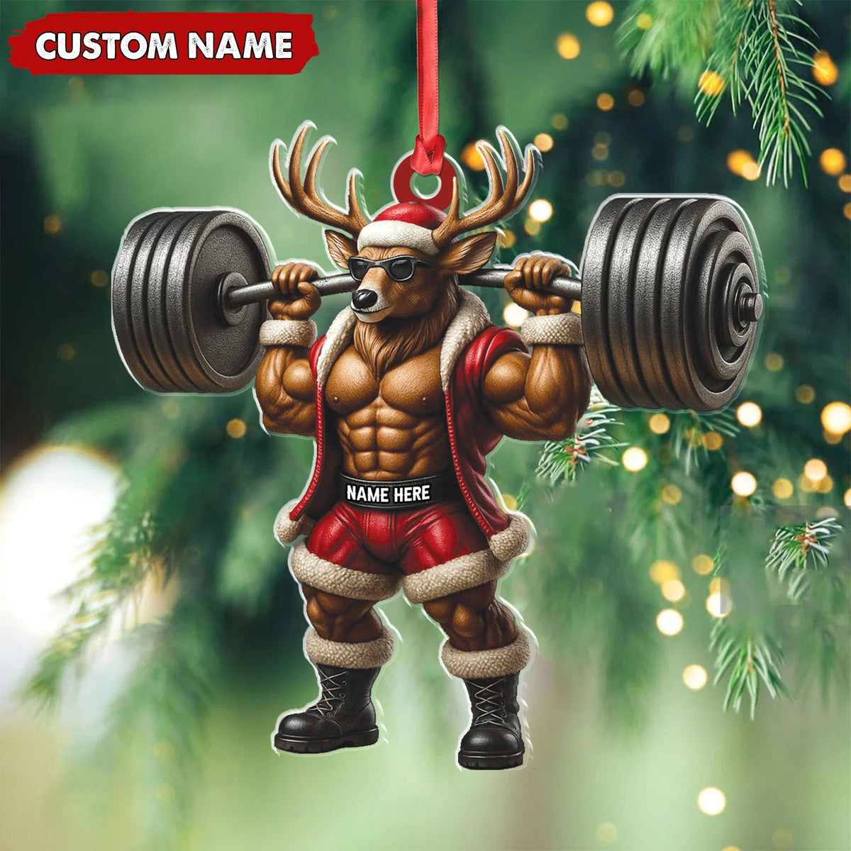 Blisscorners Personalized Acrylic Muscle Deer Christmas Ornament - Custom Weightlifting Holiday Decoration LM0110