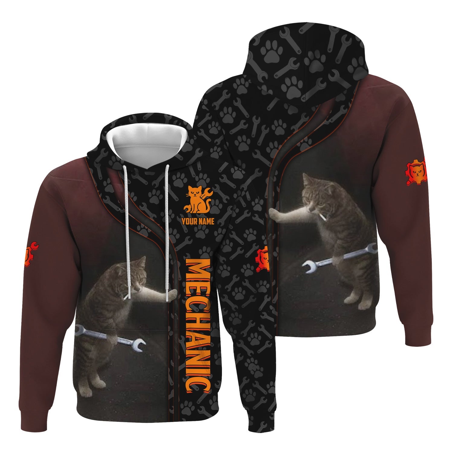 Blisscorners Custom Name Funny Cat Mechanic Shirt With Cat Paw And Wrench Hoodie Jacket For Mechanic