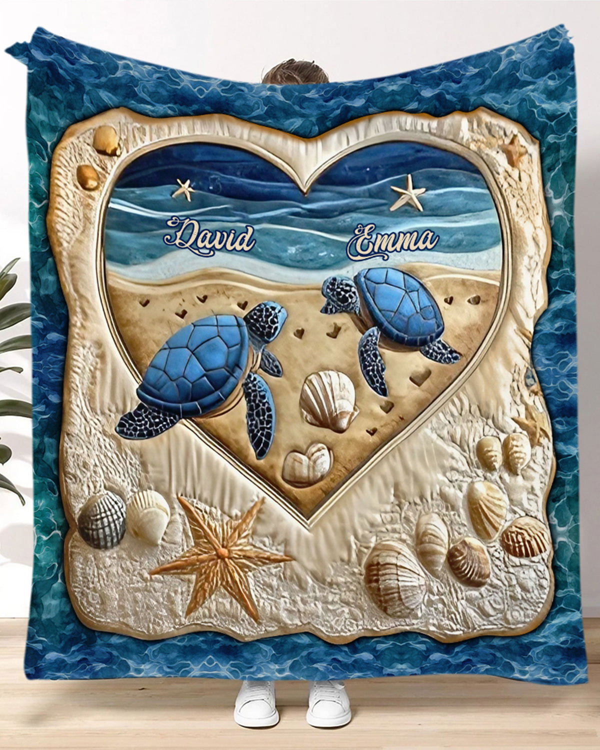 BLISSCORNERS PERSONALIZED COUPLE TURTLE LOVE BEACH FLEECE BLANKET