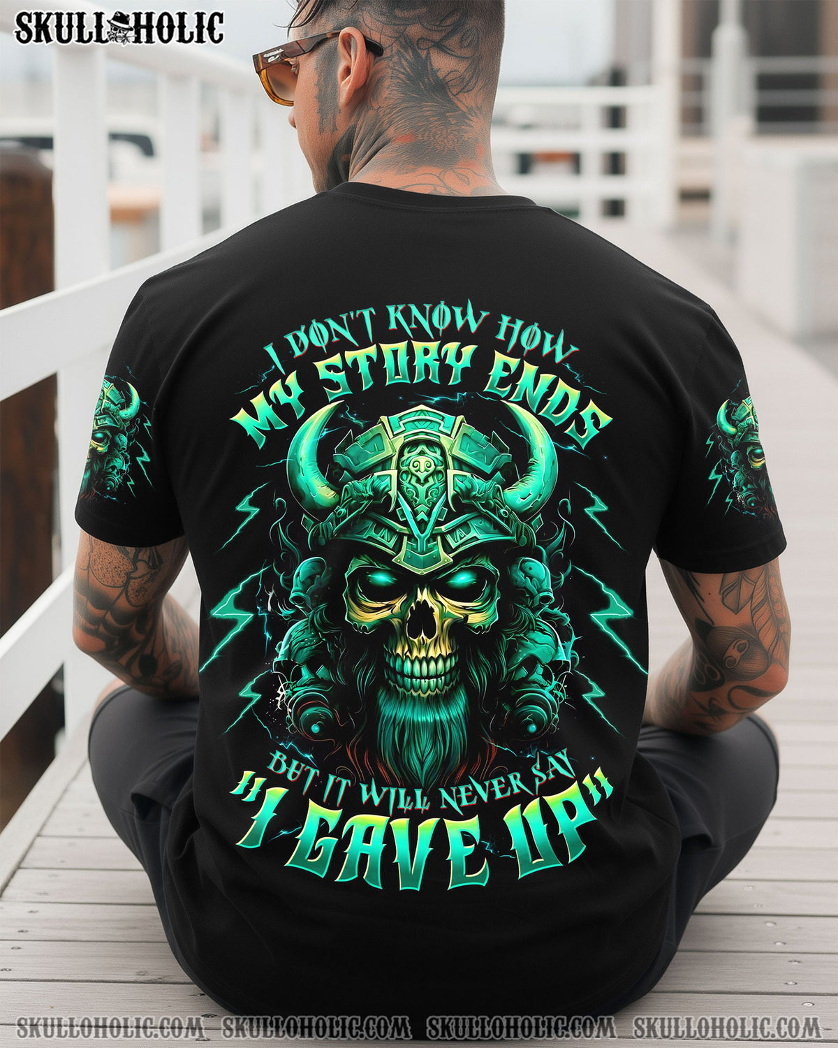 BLISSCORNERS NEVER SAY I GAVE UP SKULL WARRIOR VIKING  ALL OVER PRINT