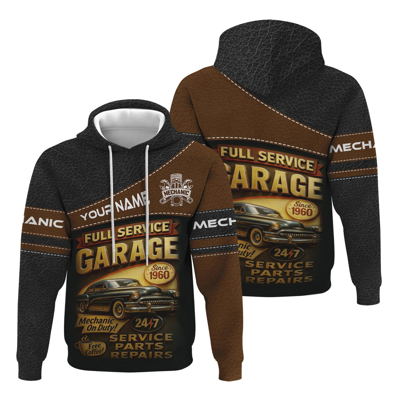 Blisscorners Personalized Mechanic Shirt, Full Service Garage Mechanic On Duty, Leather Printed Design, Custom Year, Gift For Men