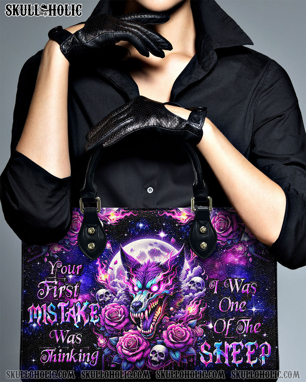 BLISSCORNERS YOUR FIRST MISTAKE SKULL WOLF LEATHER HANDBAG