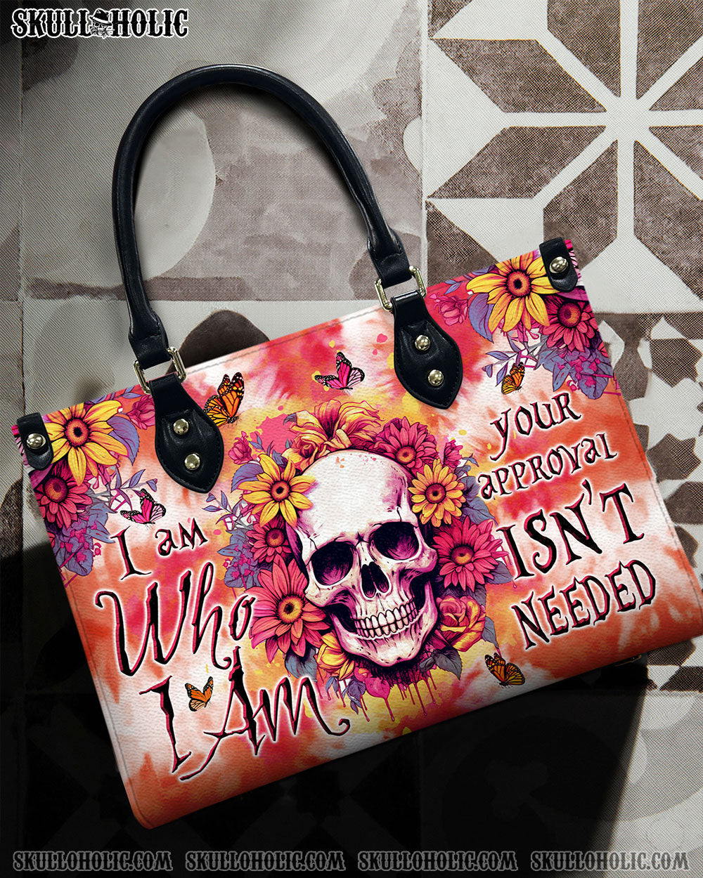 BLISSCORNERS I AM WHO I AM FLORAL SKULL TIE DYE LEATHER HANDBAG