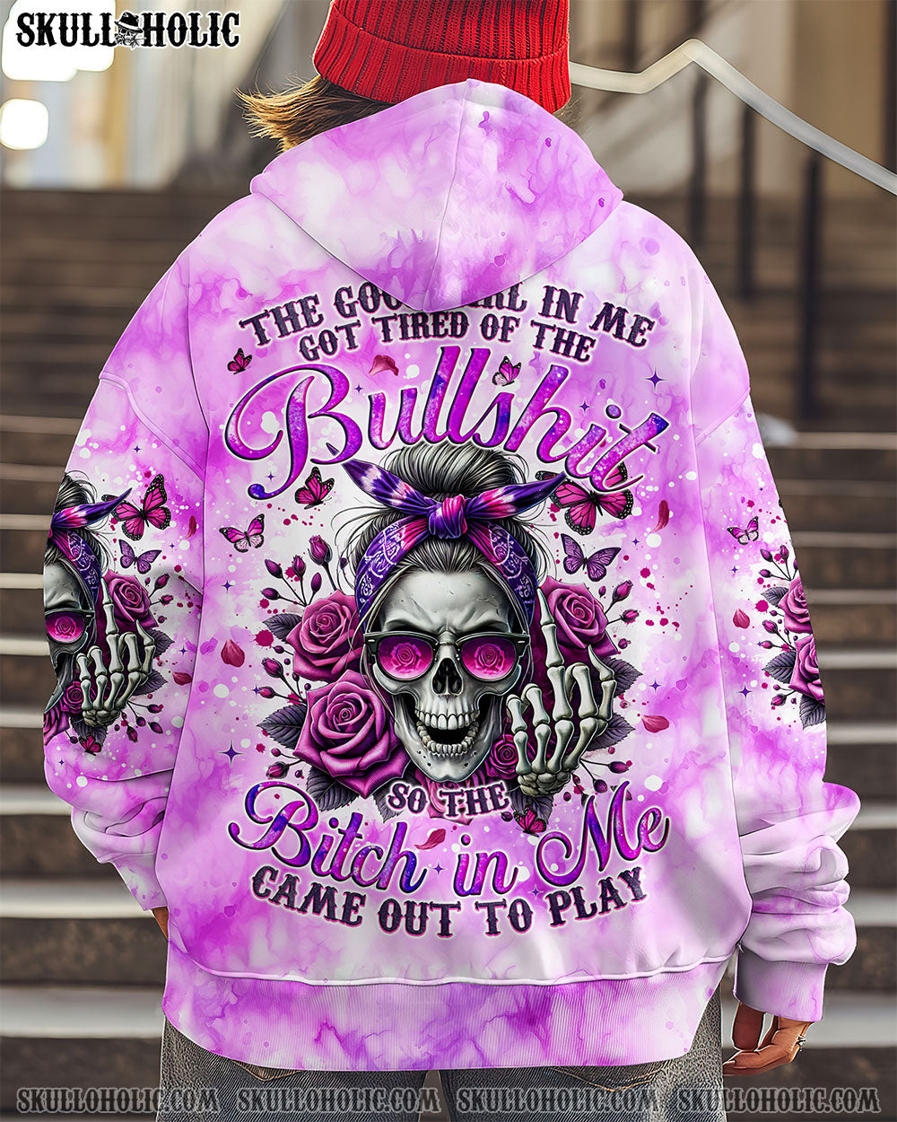 BLISSCORNERS THE GOOD GIRL IN ME MESSY BUN SKULL TIE DYE ALL OVER PRINT
