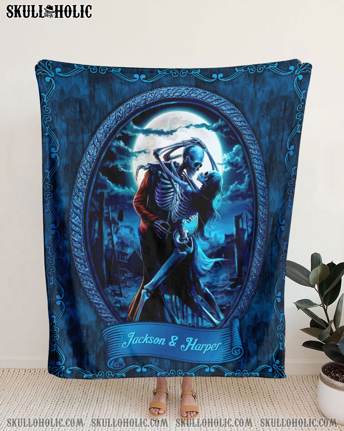 BLISSCORNERS PERSONALIZED SKULL COUPLE DANCING UNDER MOON FLEECE BLANKET