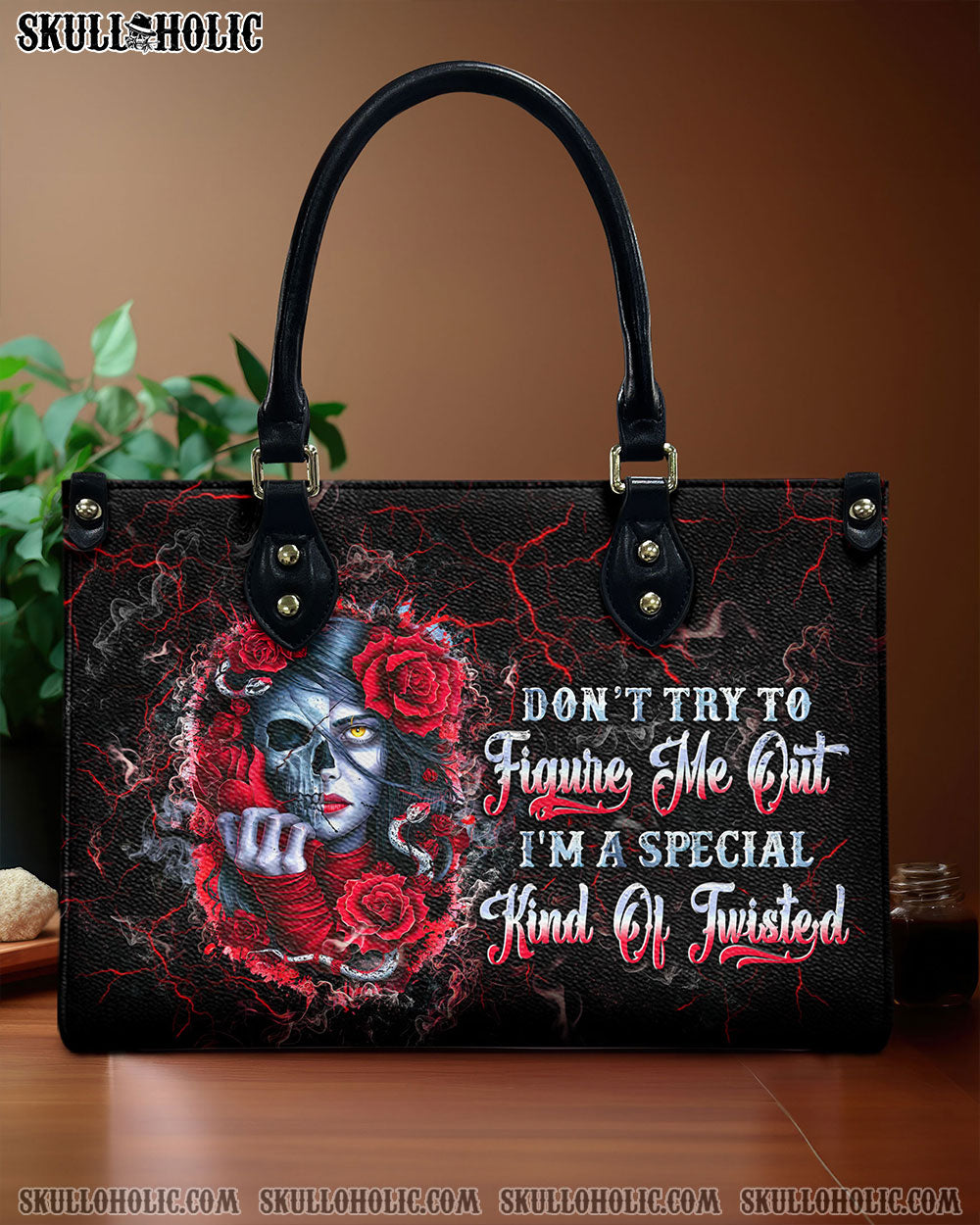 BLISSCORNERS DON'T TRY TO FIGURE ME OUT SKULL LADY LEATHER HANDBAG