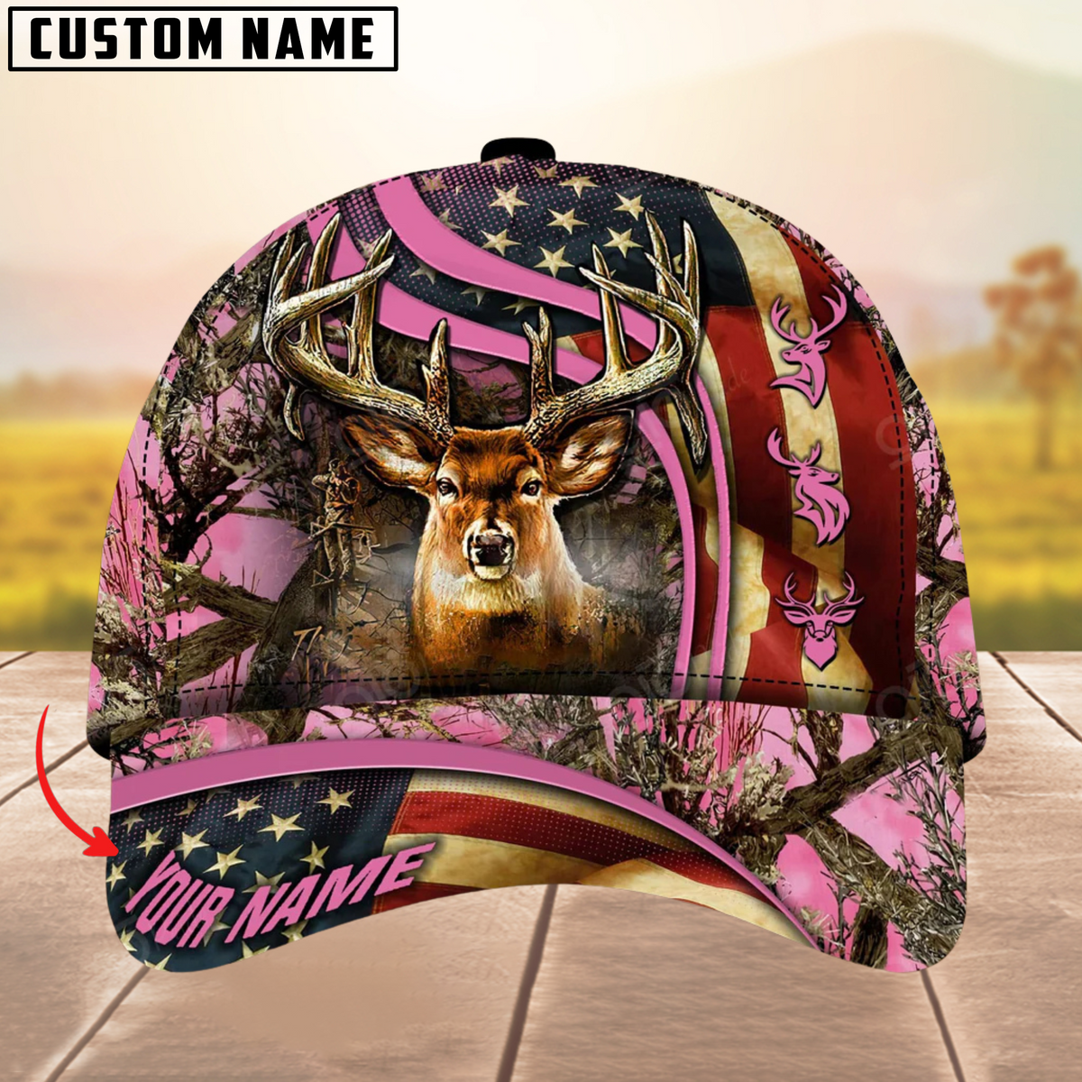 Blisscorners USA Flag Deer Hunting Camouflage Pattern Multicolor Personalized Name 3D Cap