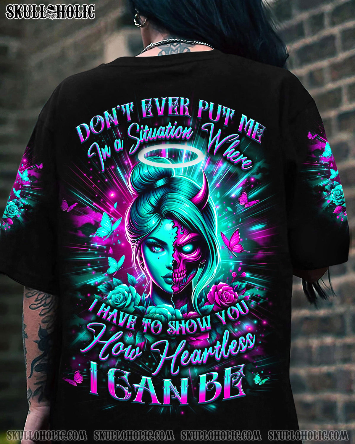 BLISSCORNERS HOW HEARTLESS I CAN BE SKULL LADY ALL OVER PRINT