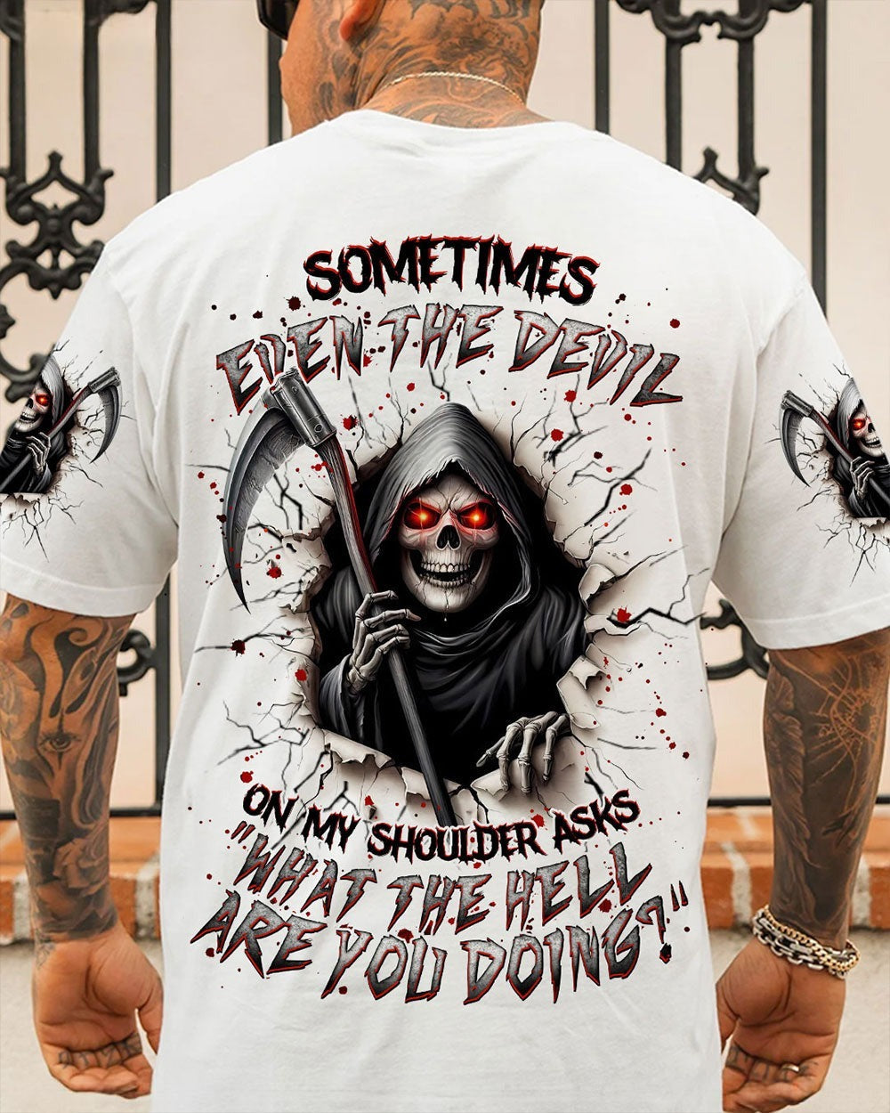 BLISSCORNERS SOMETIMES EVEN THE DEVIL REAPER SKULL ALL OVER PRINT