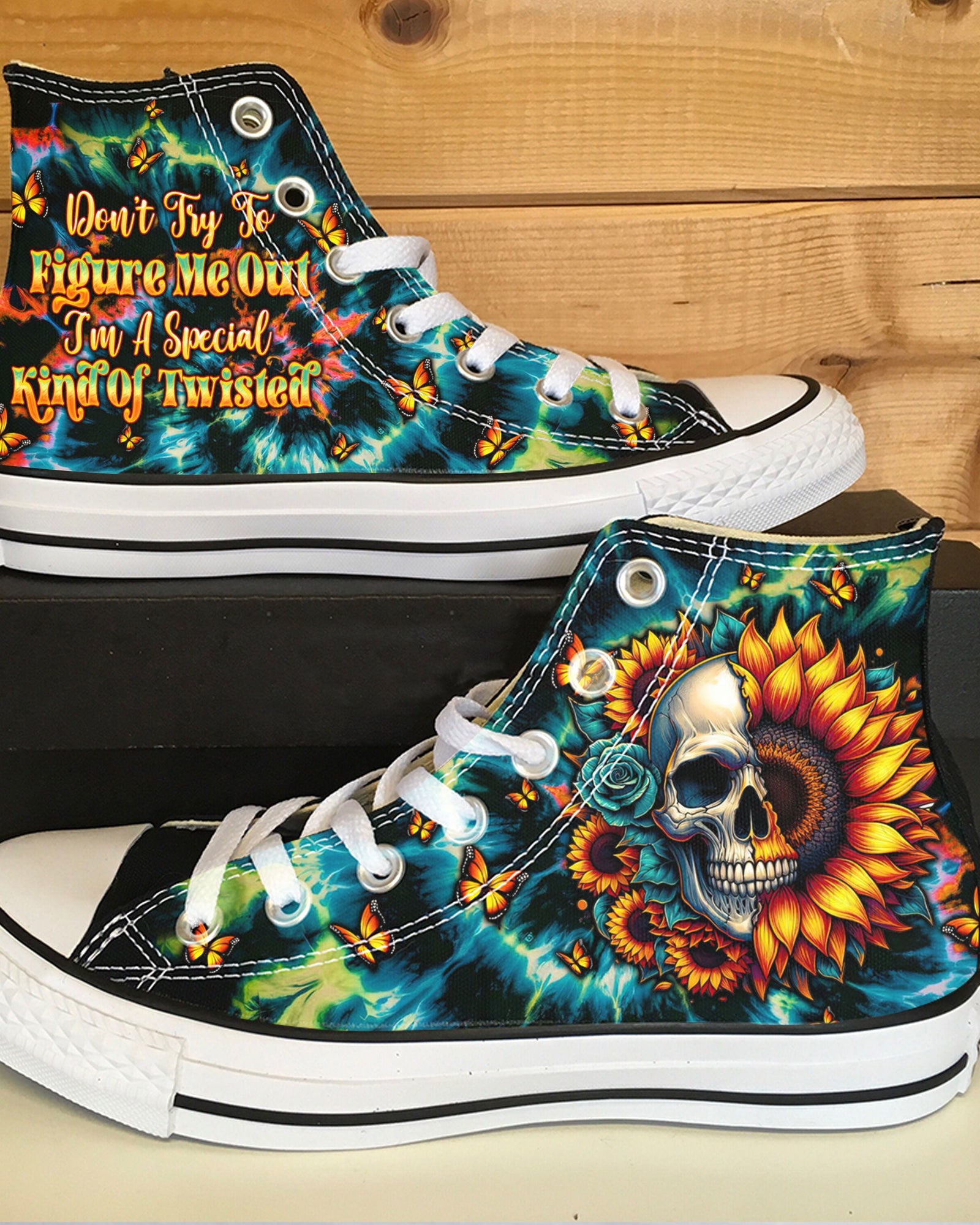 BLISSCORNERS DONT TRY TO FIGURE ME OUT SKULL SUNFLOWER HIGH TOP CANVAS SHOES