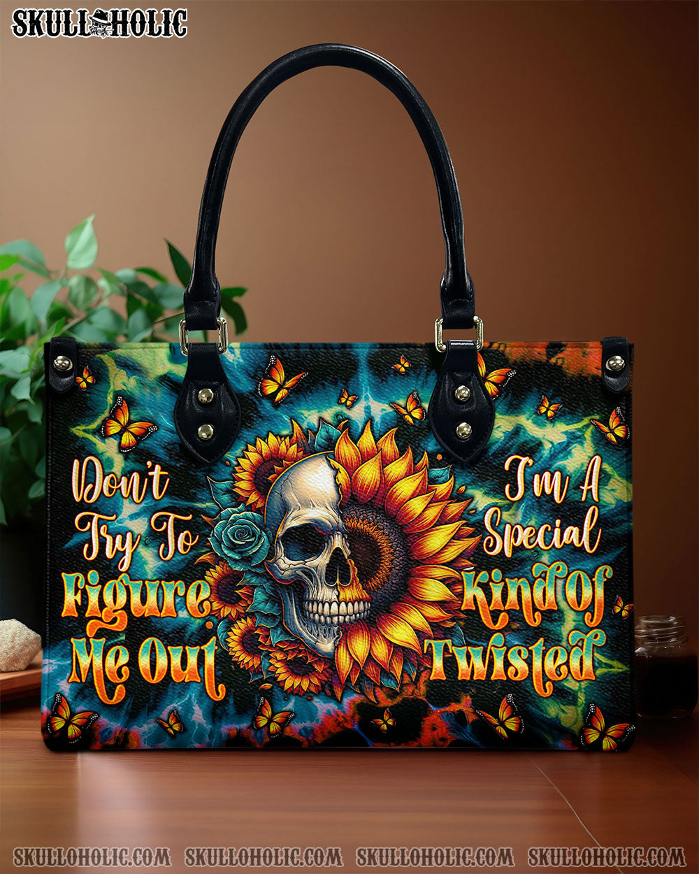 BLISSCORNERS DON'T TRY TO FIGURE ME OUT SKULL SUNFLOWER LEATHER HANDBAG