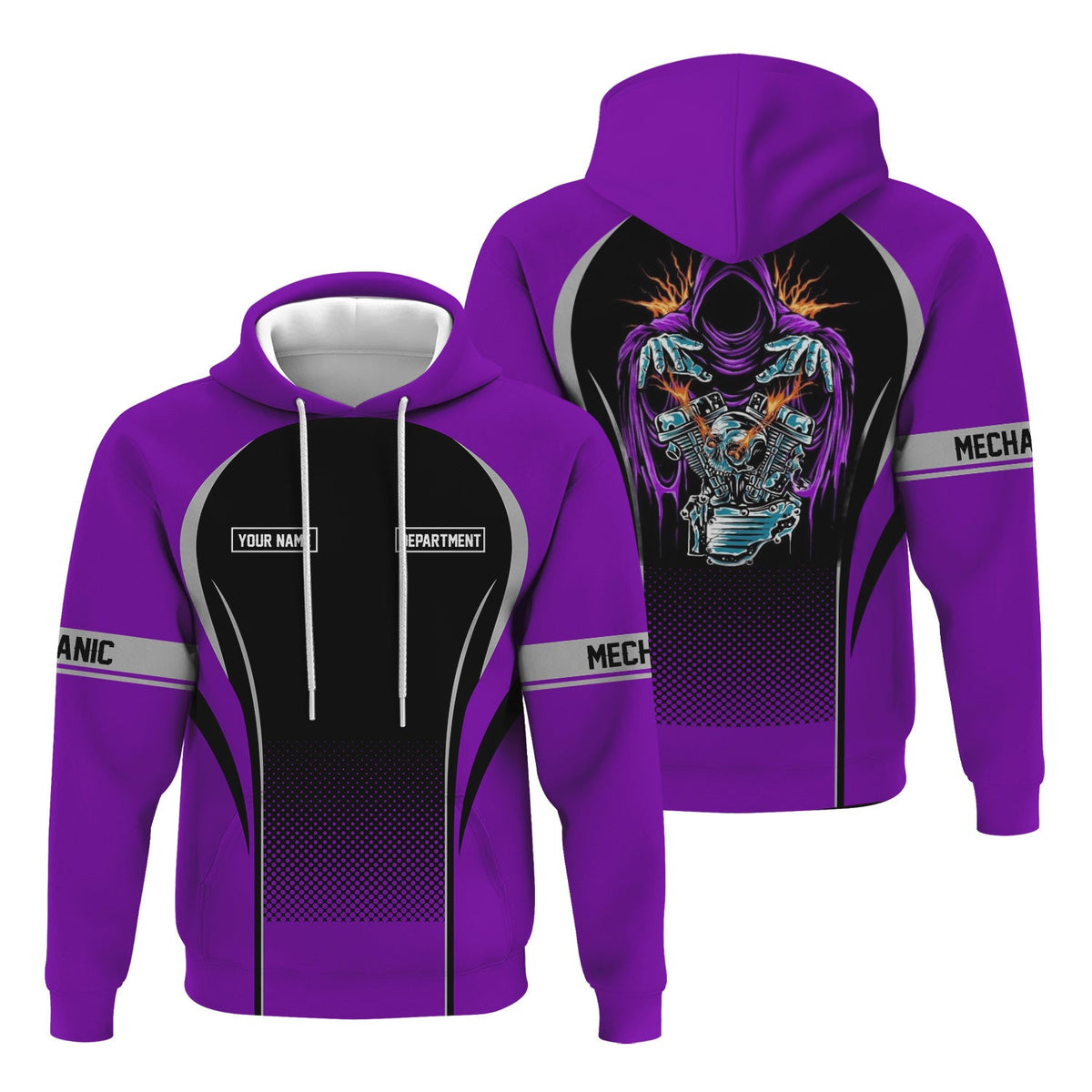 Blisscorners Custom Mechanic Shirt, Personalized Work Uniform, Custom Name & Department, Cool Mechanic Graphic Tee, Purple Engine Skull Design