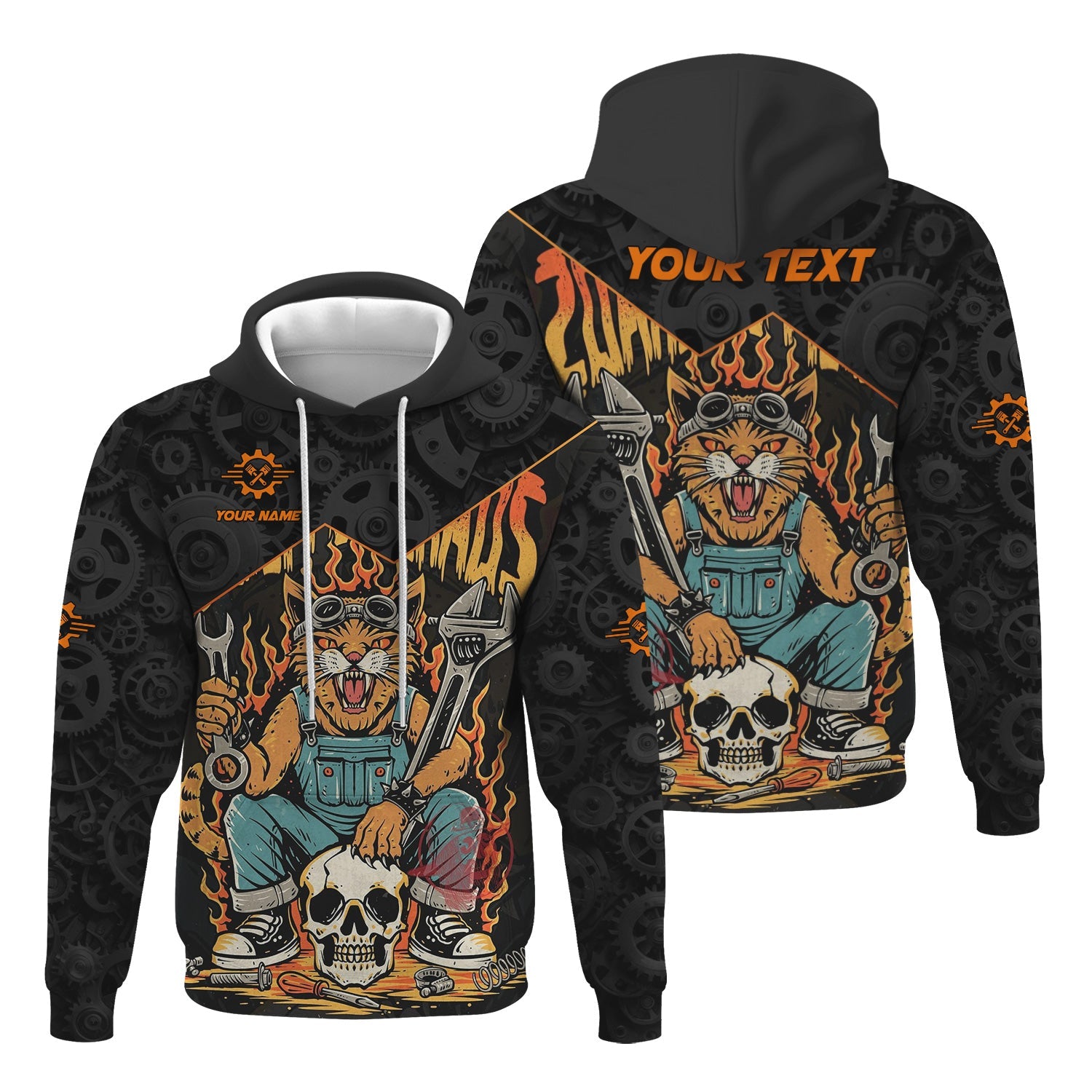 Blisscorners Personalized Mechanic Shirt Custom Name Funny Cat Skull Wrench Flames Auto Repair Garage Workwear Tee Car Repair Shirt Gift For Men Dad