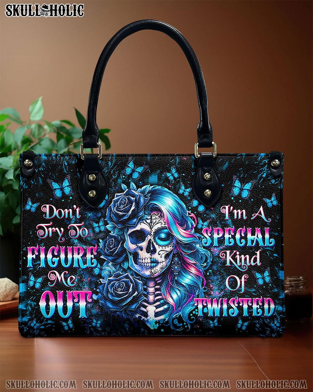 BLISSCORNERS DON'T TRY TO FIGURE ME OUT SKULL LADY LEATHER HANDBAG