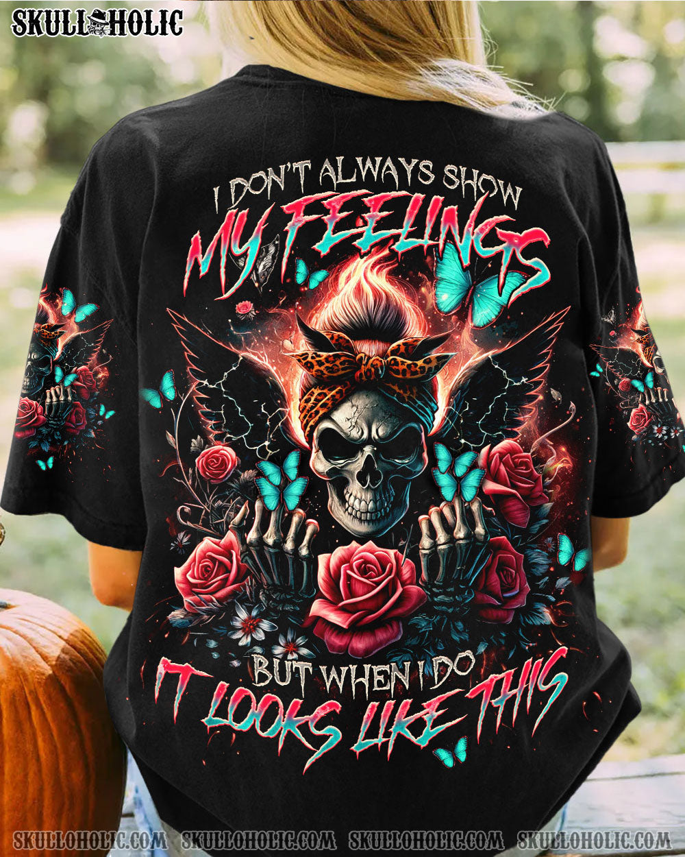 BLISSCORNERS I DON'T ALWAYS SHOW MY FEELINGS SKULL MESSY BUN ALL OVER PRINT