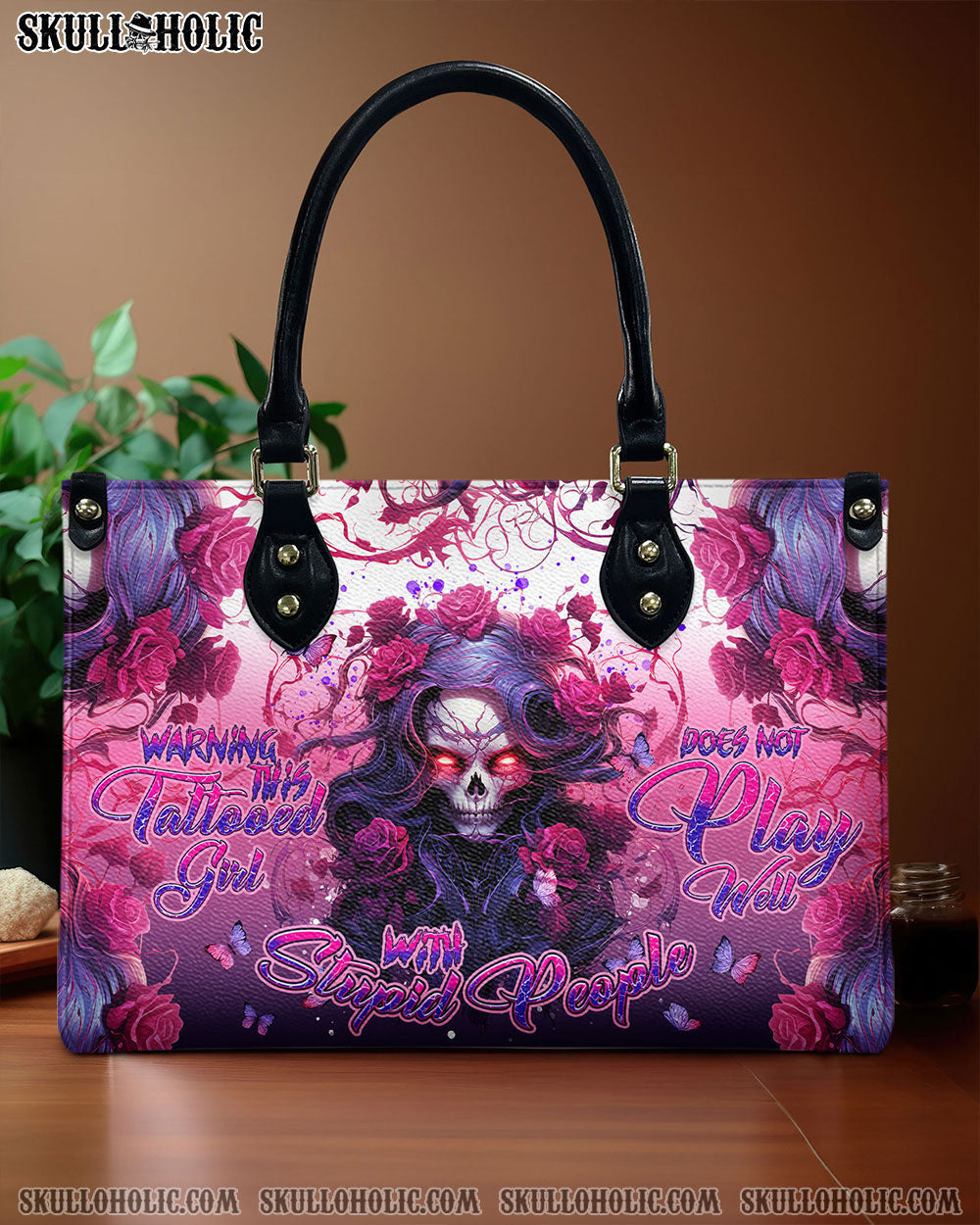BLISSCORNERS WARNING THIS TATTOOED GIRL ROSE SKULL LEATHER HANDBAG
