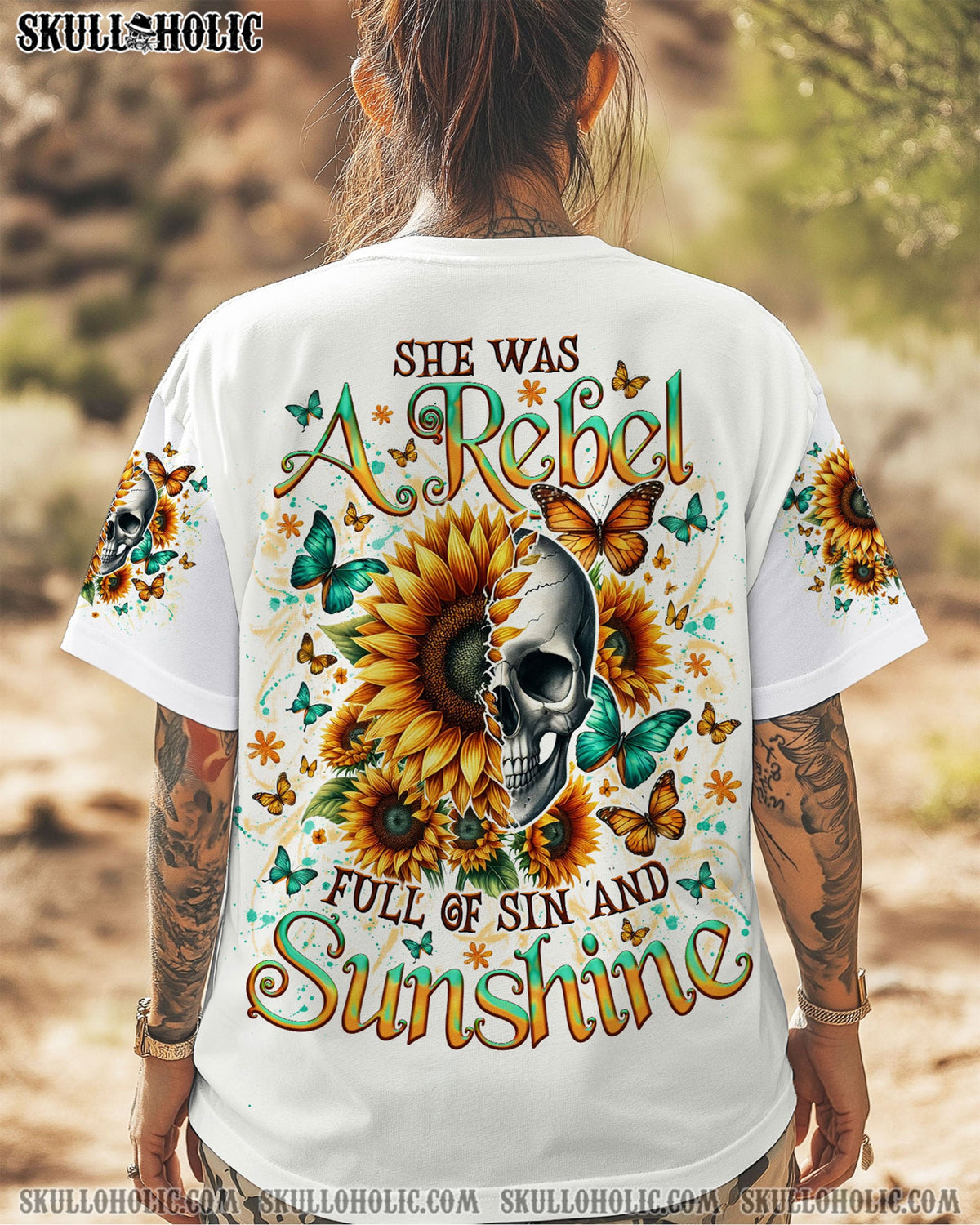 BLISSCORNERS SHE WAS A REBEL SUNFLOWER SKULL ALL OVER PRINT