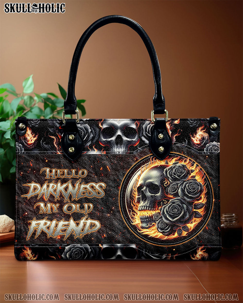 BLISSCORNERS HELLO DARKNESS MY OLD FRIEND SKULL ROSE FIRE LEATHER HANDBAG