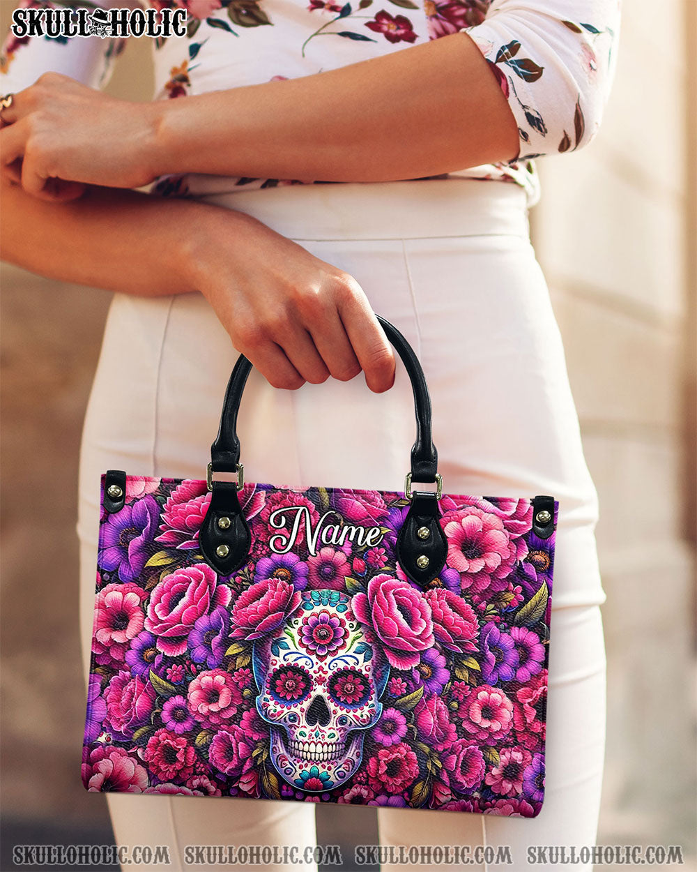 BLISSCORNERS SUGAR SKULL FLOWER ART LEATHER HANDBAG