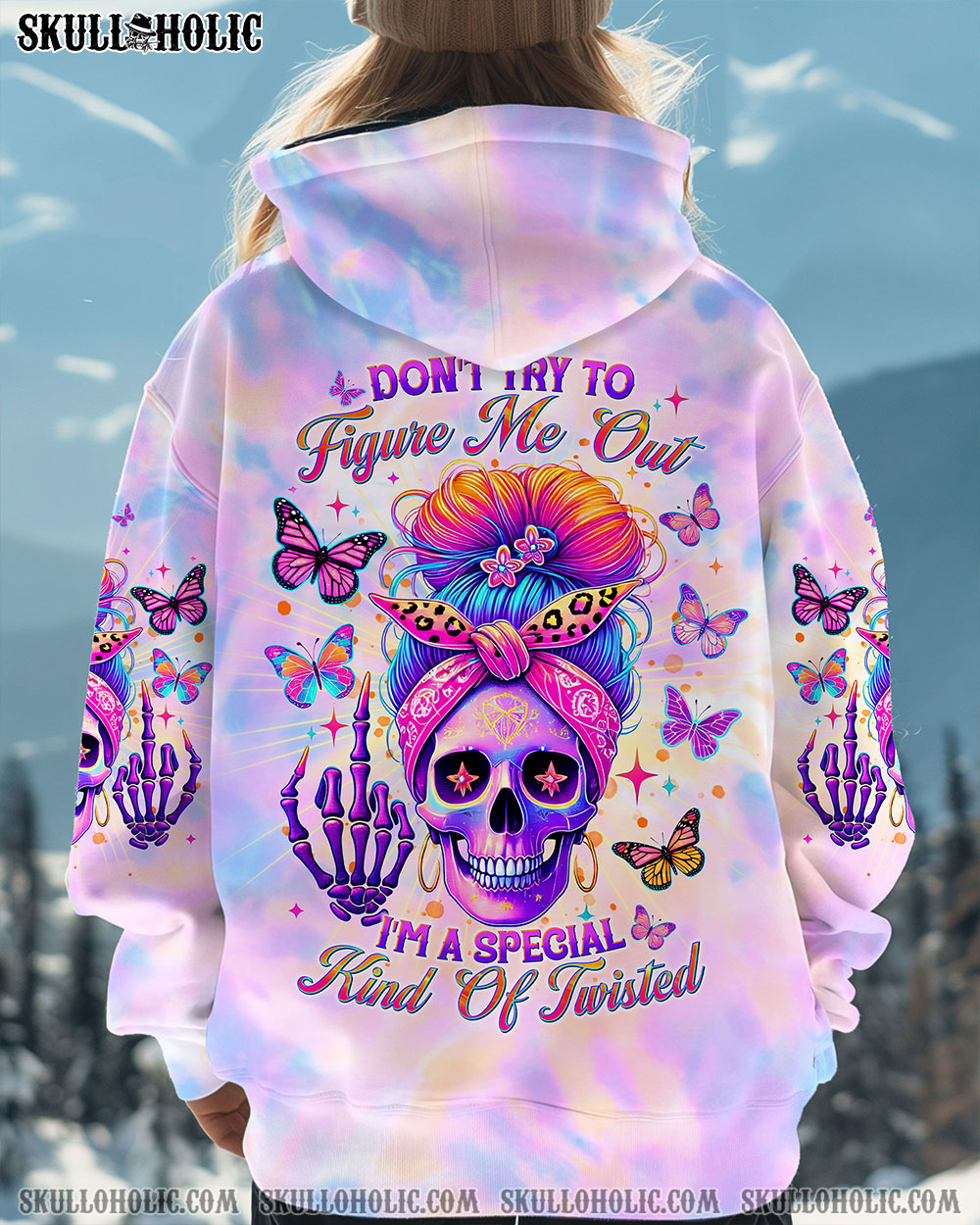BLISSCORNERS DON'T TRY TO FIGURE ME OUT SKULL MESSY BUN TIE DYE ALL OVER PRINT