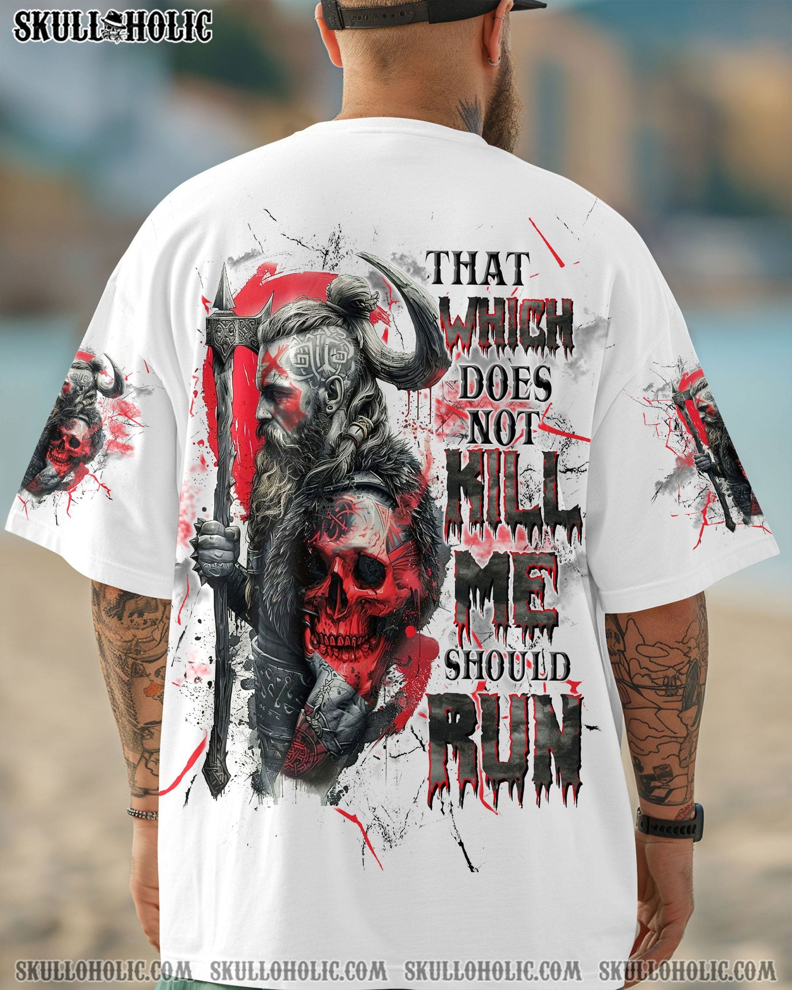 BLISSCORNERS THAT WHICH DOES NOT K ME SHOULD RUN VIKING SKULL ALL OVER PRINT