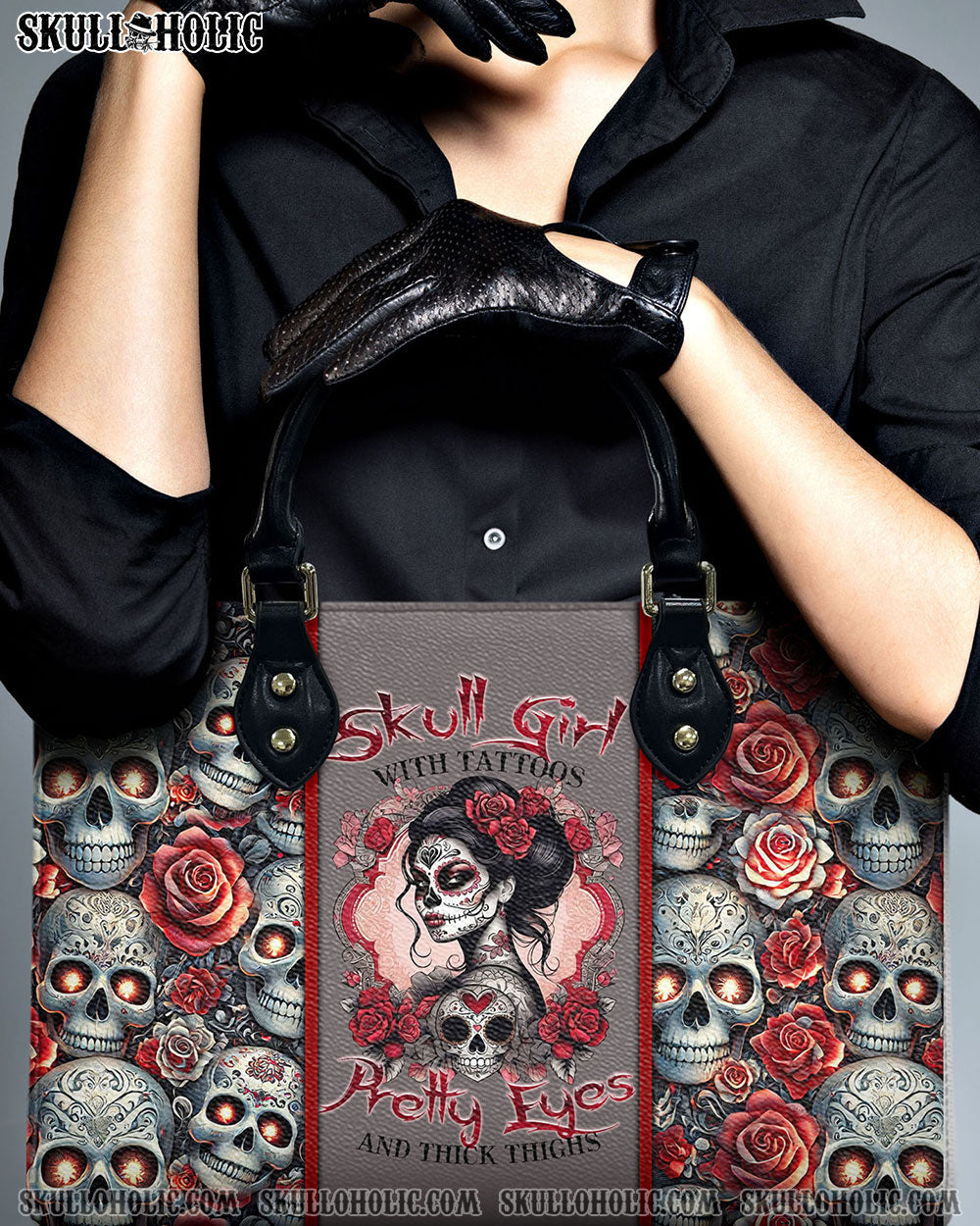 BLISSCORNERS SKULL GIRL WITH TATTOOS PRETTY EYES SUGAR SKULL LEOPARD LEATHER HANDBAG