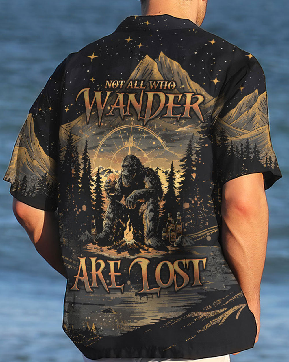 BLISSCORNERS NOT ALL WHO WANDER ARE LOST BIGFOOT COMPASS HAWAIIAN SHIRT