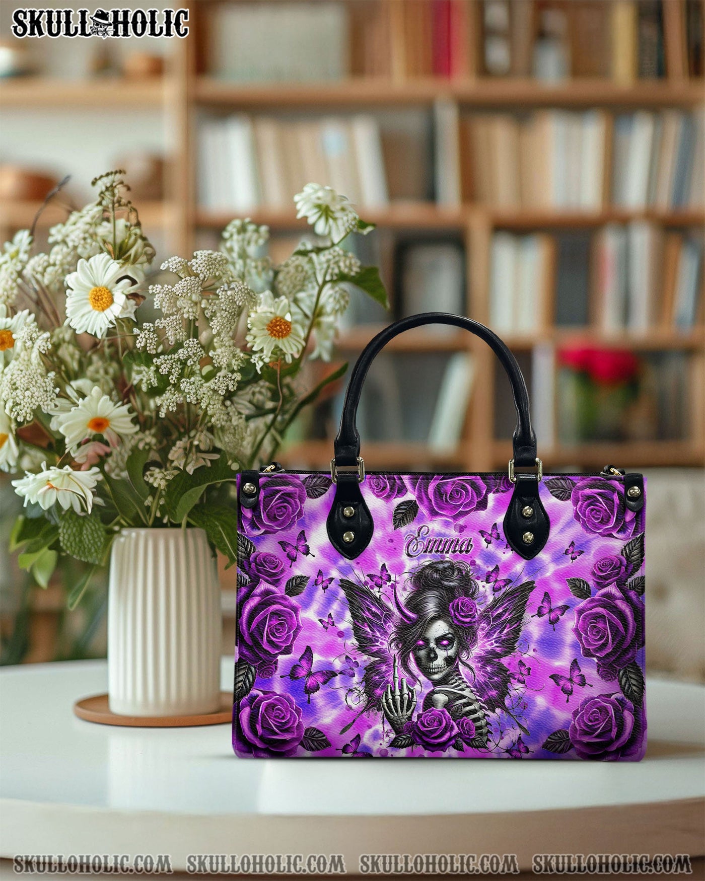 BLISSCORNERS SKULL MESSY BUN WITH BUTTERFLY LEATHER HANDBAG