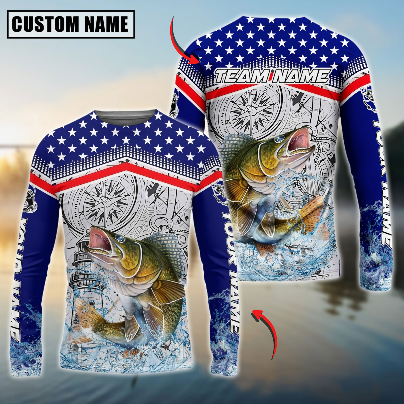Blisscorners Walleye Fishing American Anchor Compass Lighthouse Graphic Custom Name & Team Name 3D Shirts
