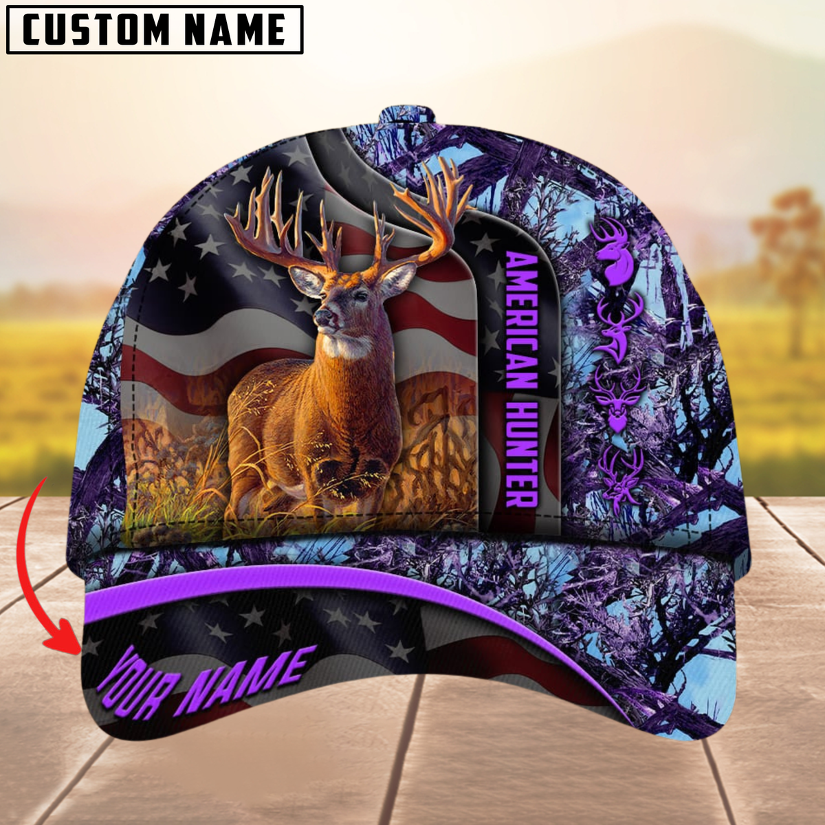 Blisscorners Best USA Flag Pattern Deer Hunting Camouflage Multicolor Personalized Name 3D Cap