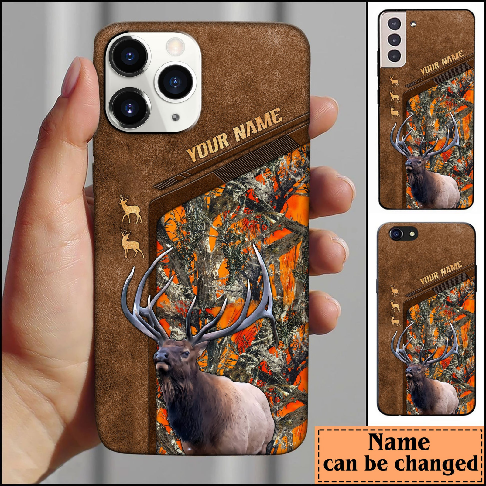Blisscorners Elk Hunting Premium Brown Pattern Personalized Name Phone Case (4 colors)