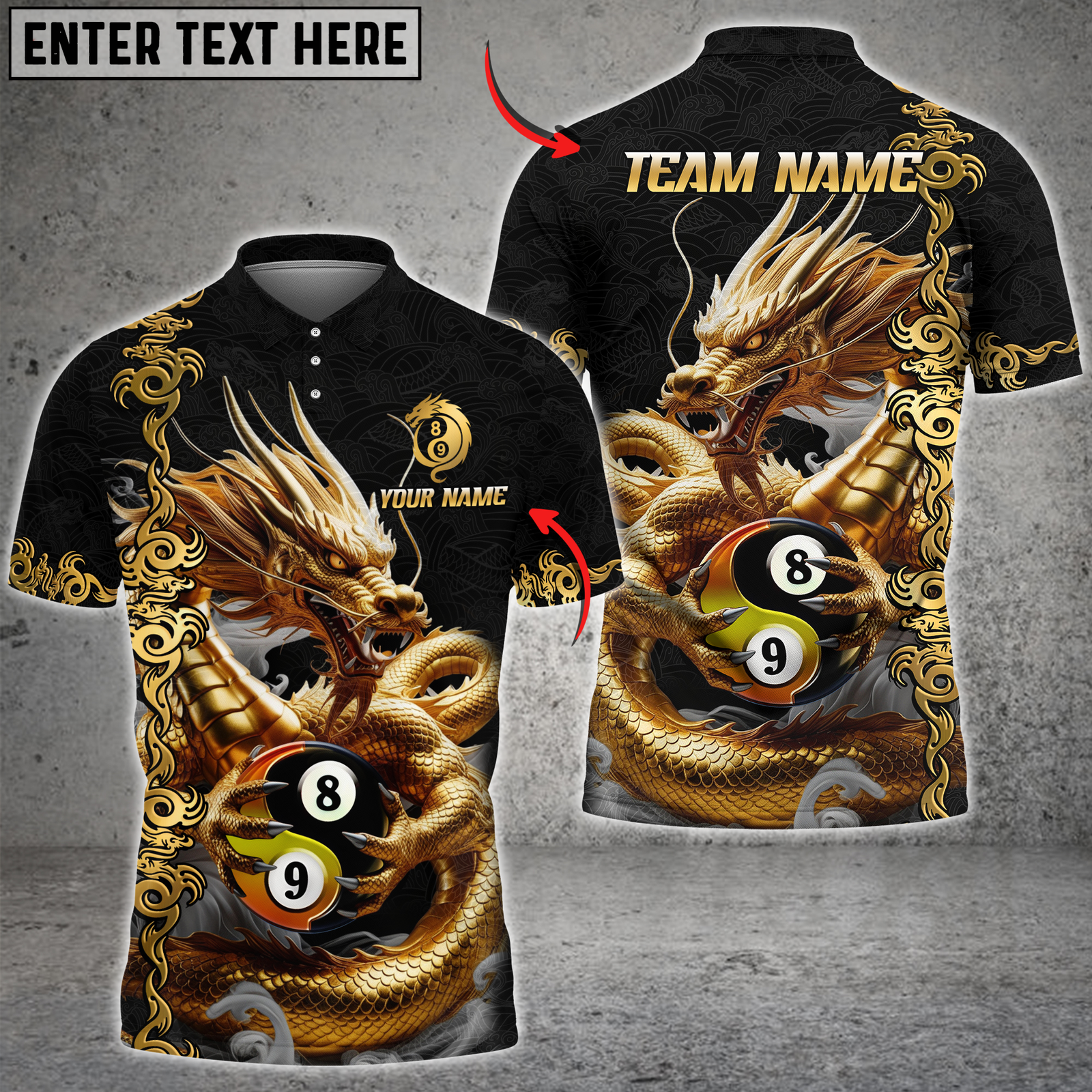 Blisscorners Billiard Golden Dragon Yin And Yang Multicolor Customized Name, Team Name 3D Shirt