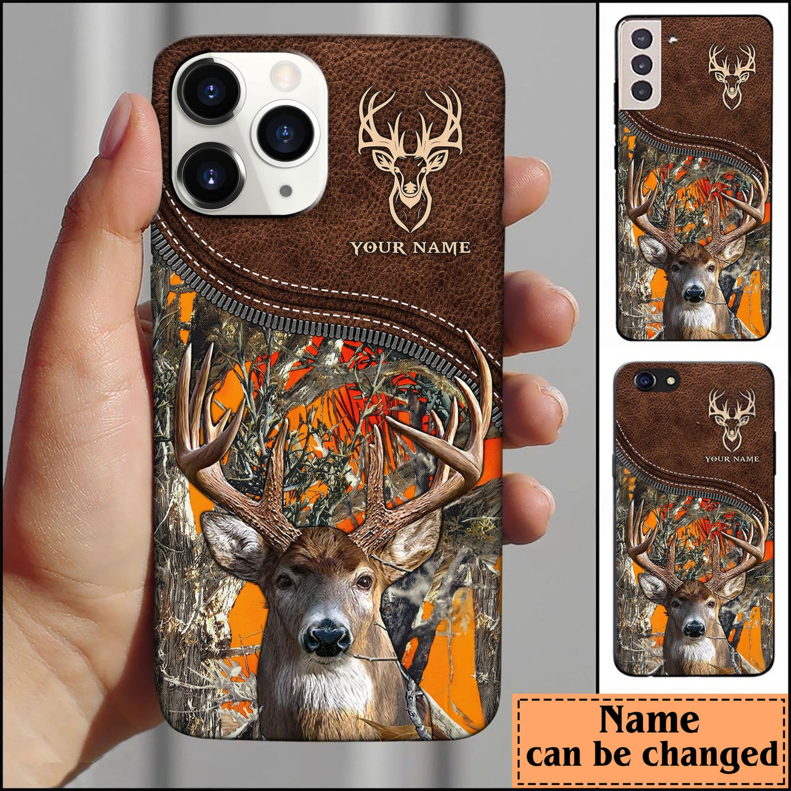 Blisscorners Deer Hunting Leather Pattern Personalized Name Phone Case (4 colors)