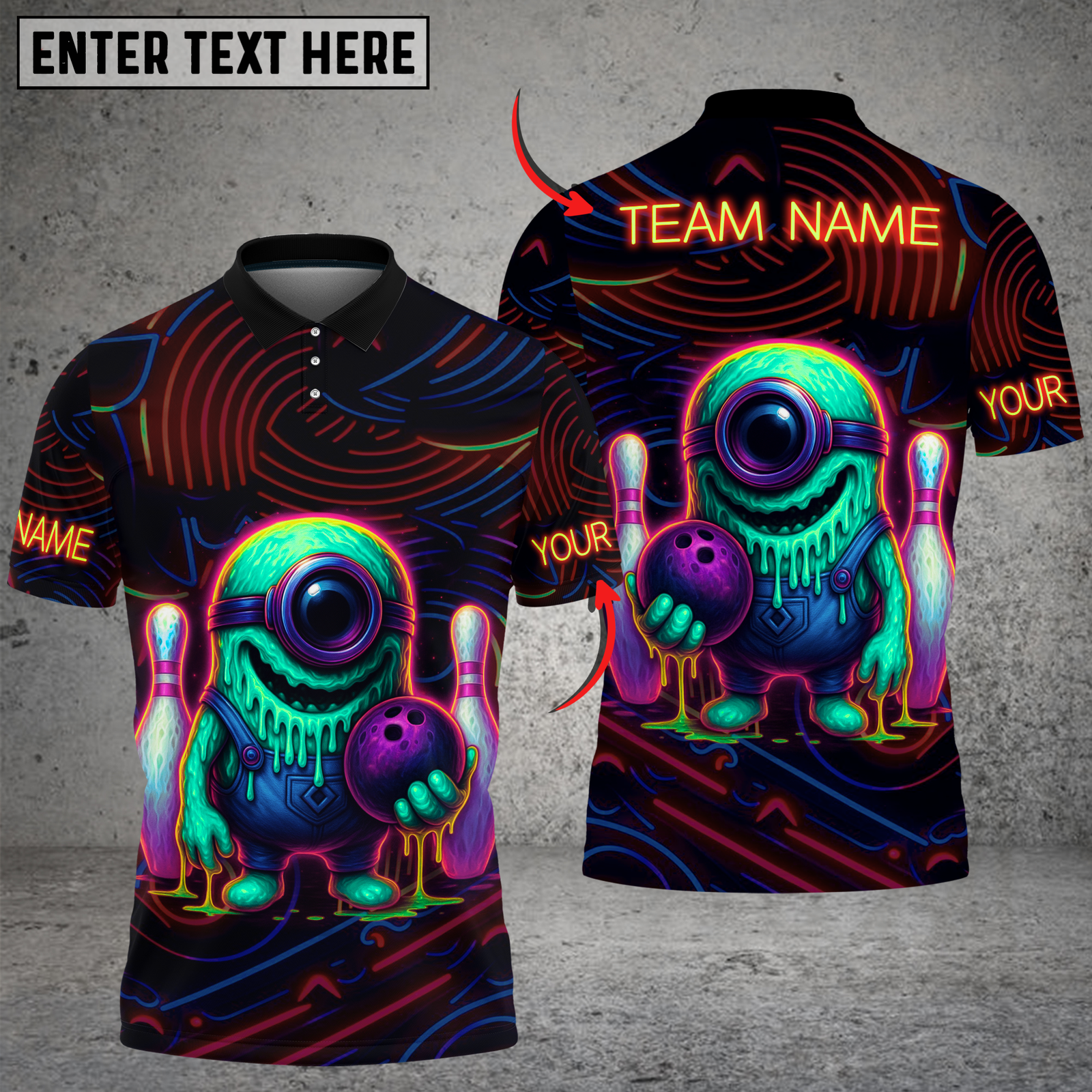 Blisscorners Bowling Neon Monster with Bowling Ball and Pins Multicolor Customized Name, Team Name 3D Shirts