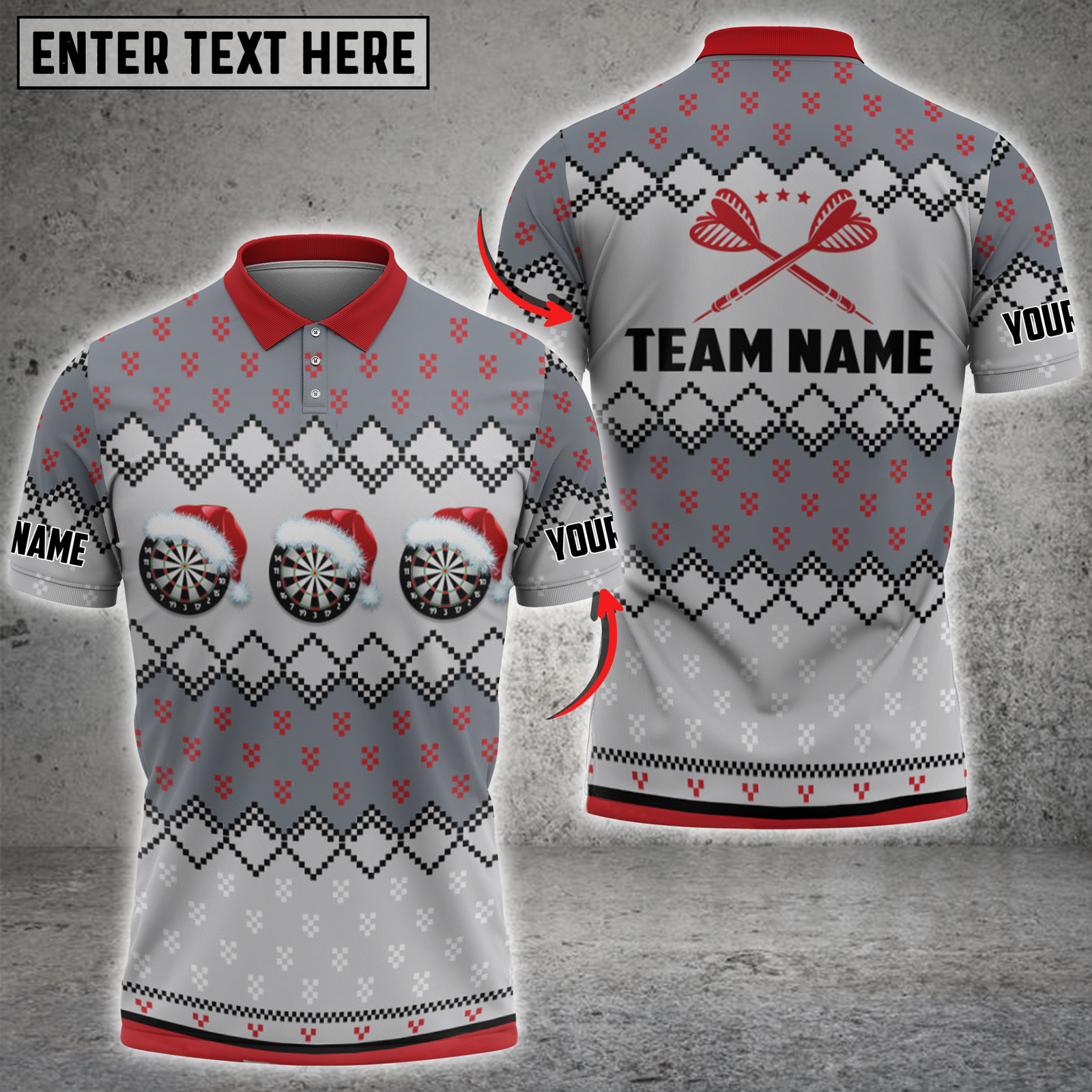 Blisscorners Darts Santa Hat Knitted Pattern Gray Personalized Name 3D Unisex Shirt