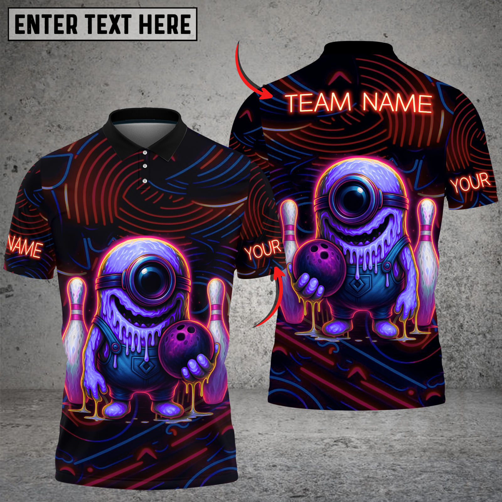 Blisscorners Bowling Neon Monster with Bowling Ball and Pins Multicolor Customized Name, Team Name 3D Shirts