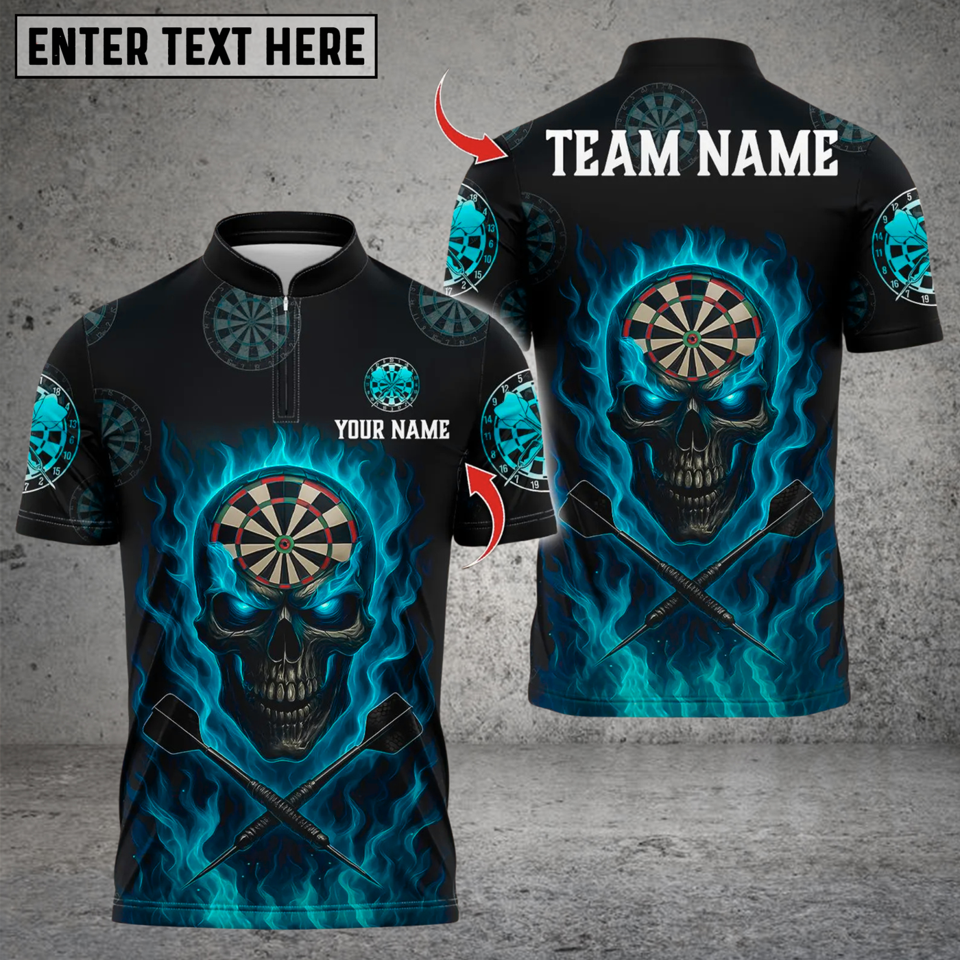 Blisscorners Personalized Name Dart Polo Shirt, Flame Skull Dartboards Design ,Custom Team Shirt for Men, Gift for Darts Players