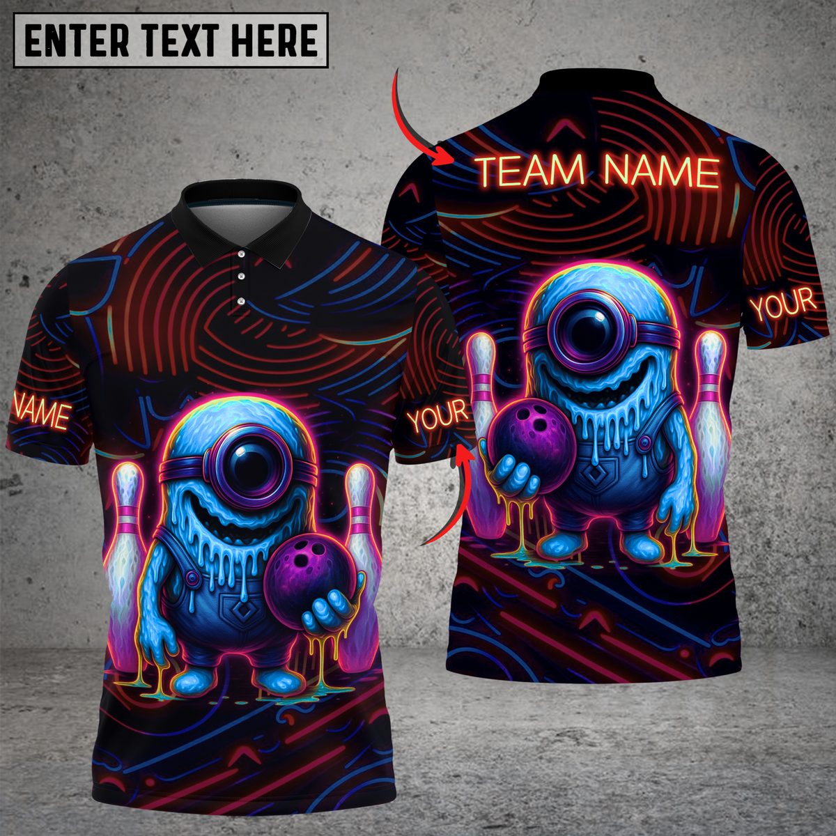 Blisscorners Bowling Neon Monster with Bowling Ball and Pins Multicolor Customized Name, Team Name 3D Shirts
