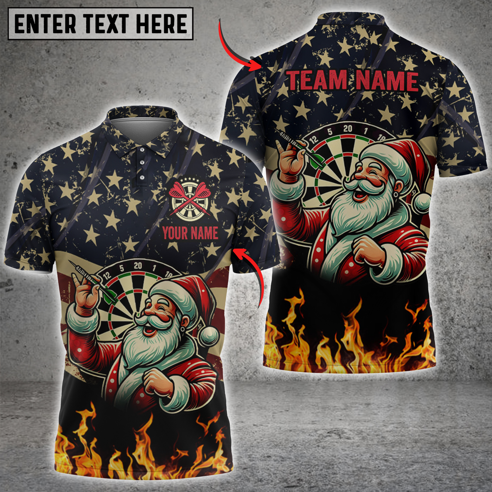 Blisscorners Darts Santa Fire American Flag Personalized Name 3D Unisex Shirt
