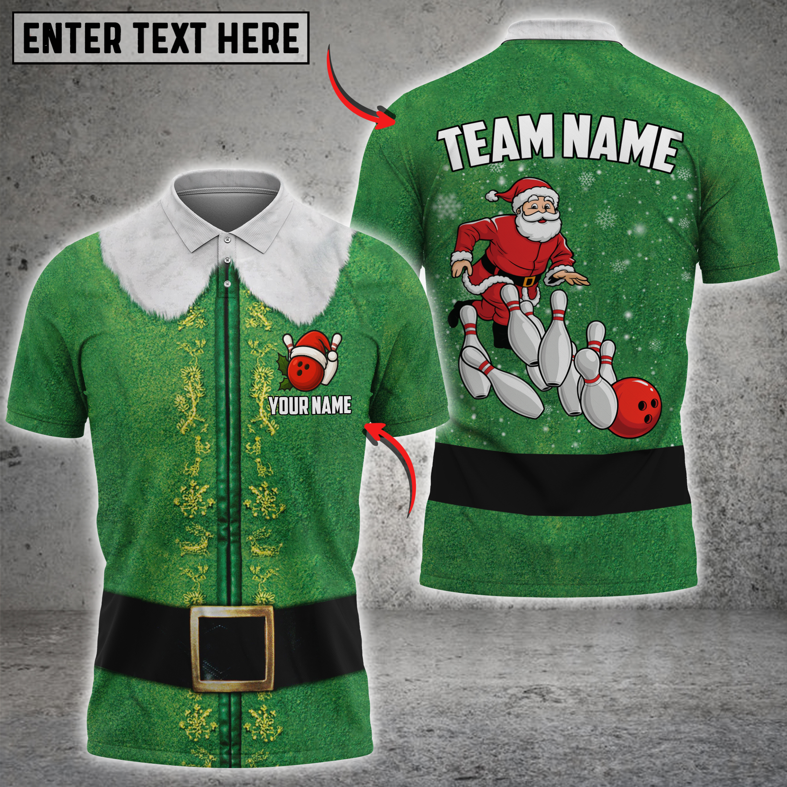 Blisscorners Santa Bowling Strike Elf Multicolor Customized Name, Team Name 3D Shirt