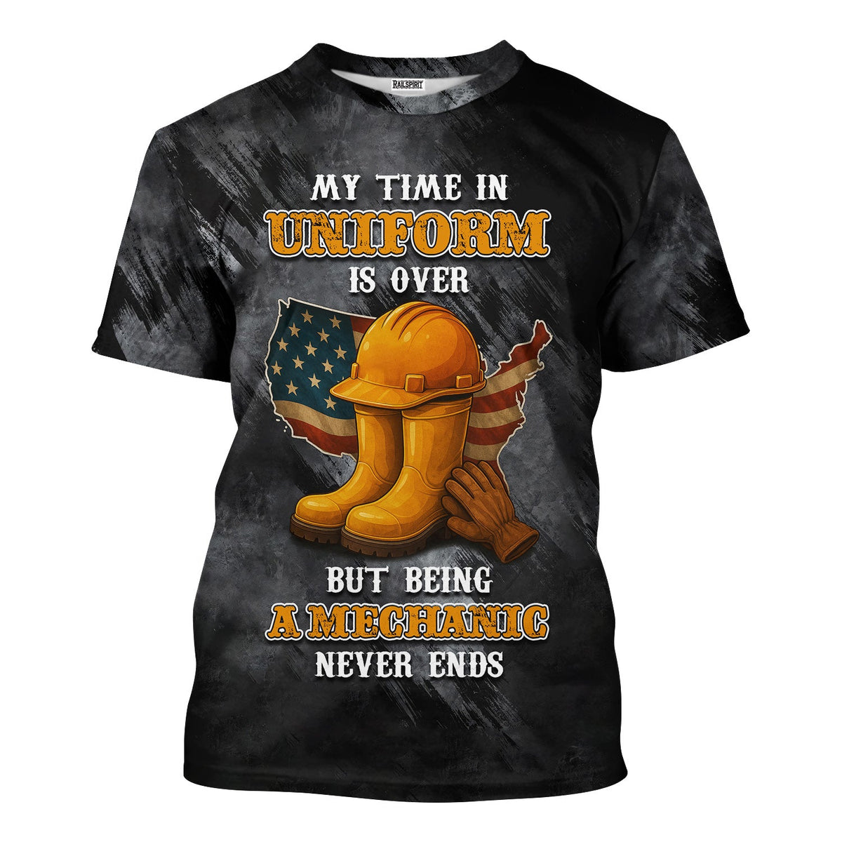 Blisscorners Funny Mechanic T Shirt My Time In Uniform Is Over But Being A Mechanic Never Ends American Flag Auto Repair Garage Workwear Gift For Men Dad